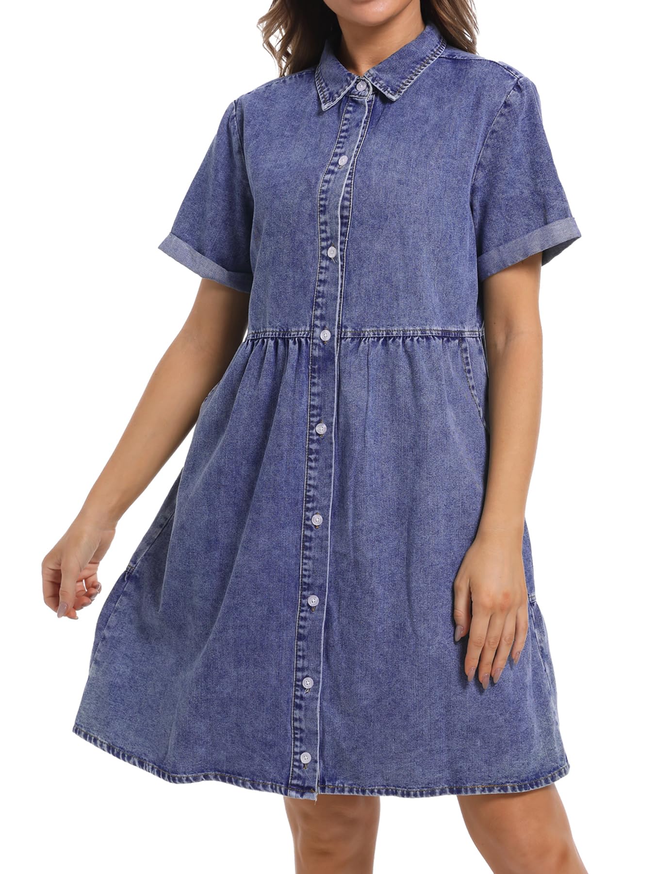 Women's Denim Dress Short Sleeve Button Down Summer Casual Jean Tunic Top - Perfect for Beach Outings, Date Nights & Everyday Wear