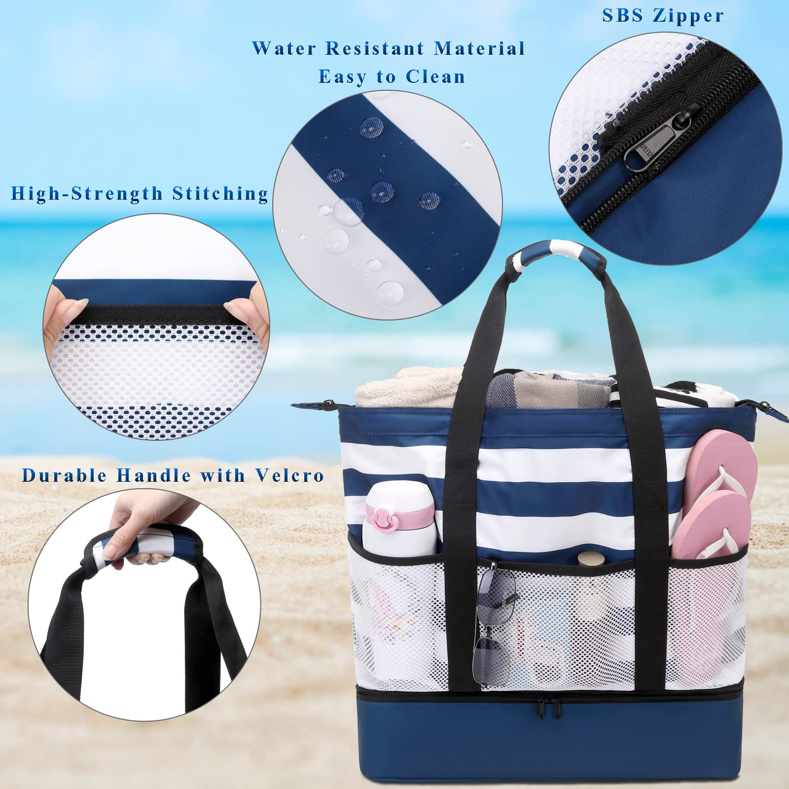 DSIUE Waterproof Beach Bag with Cooler - Large Sandproof Tote for Women - Perfect for Pool, Gym, Travel & Summer Outings