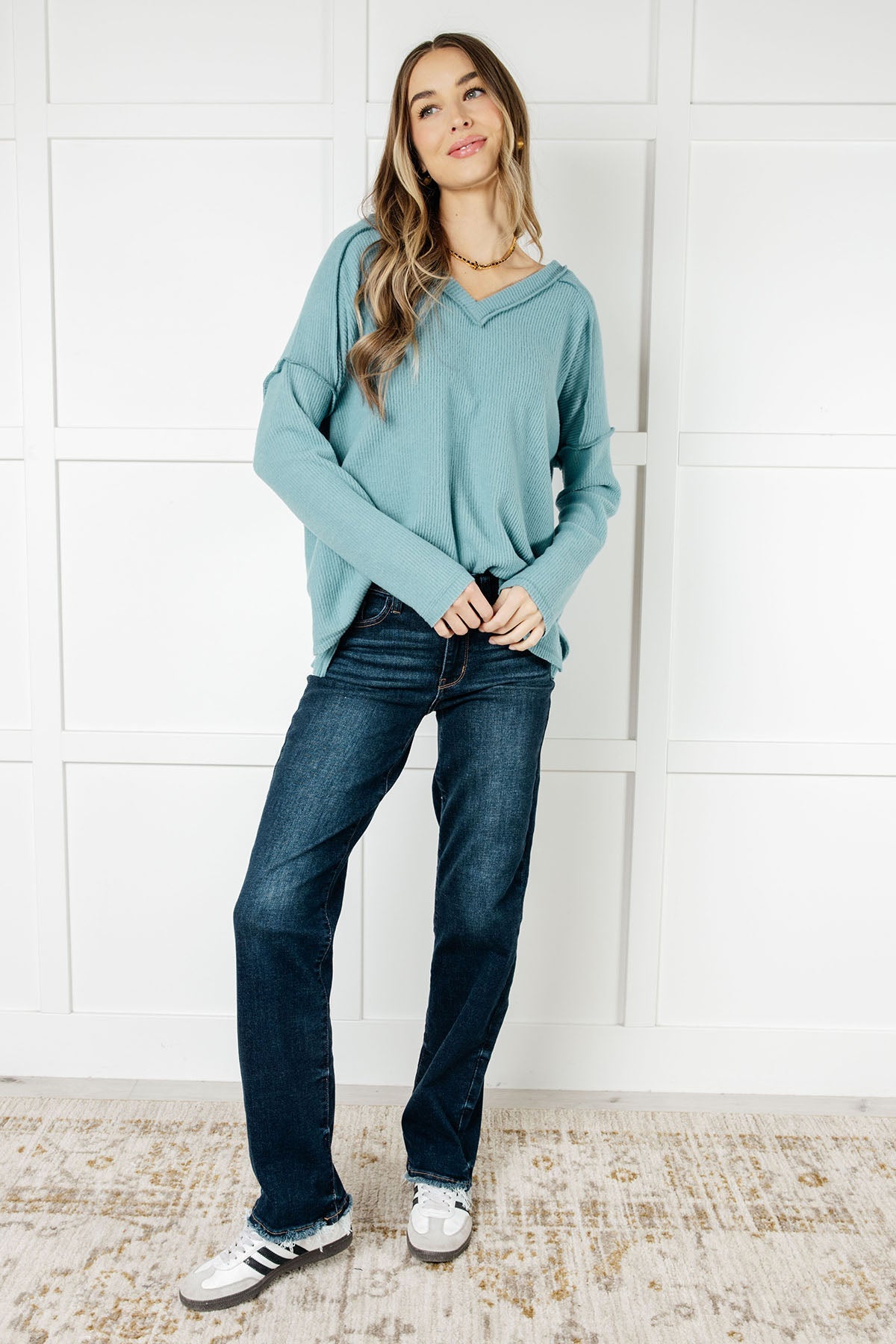 Soft Brushed Hacci Sweater Top in Dusty Teal | Cozy Winter Pullover for Women | Perfect for Casual Outfits & Layering in Cold Weather