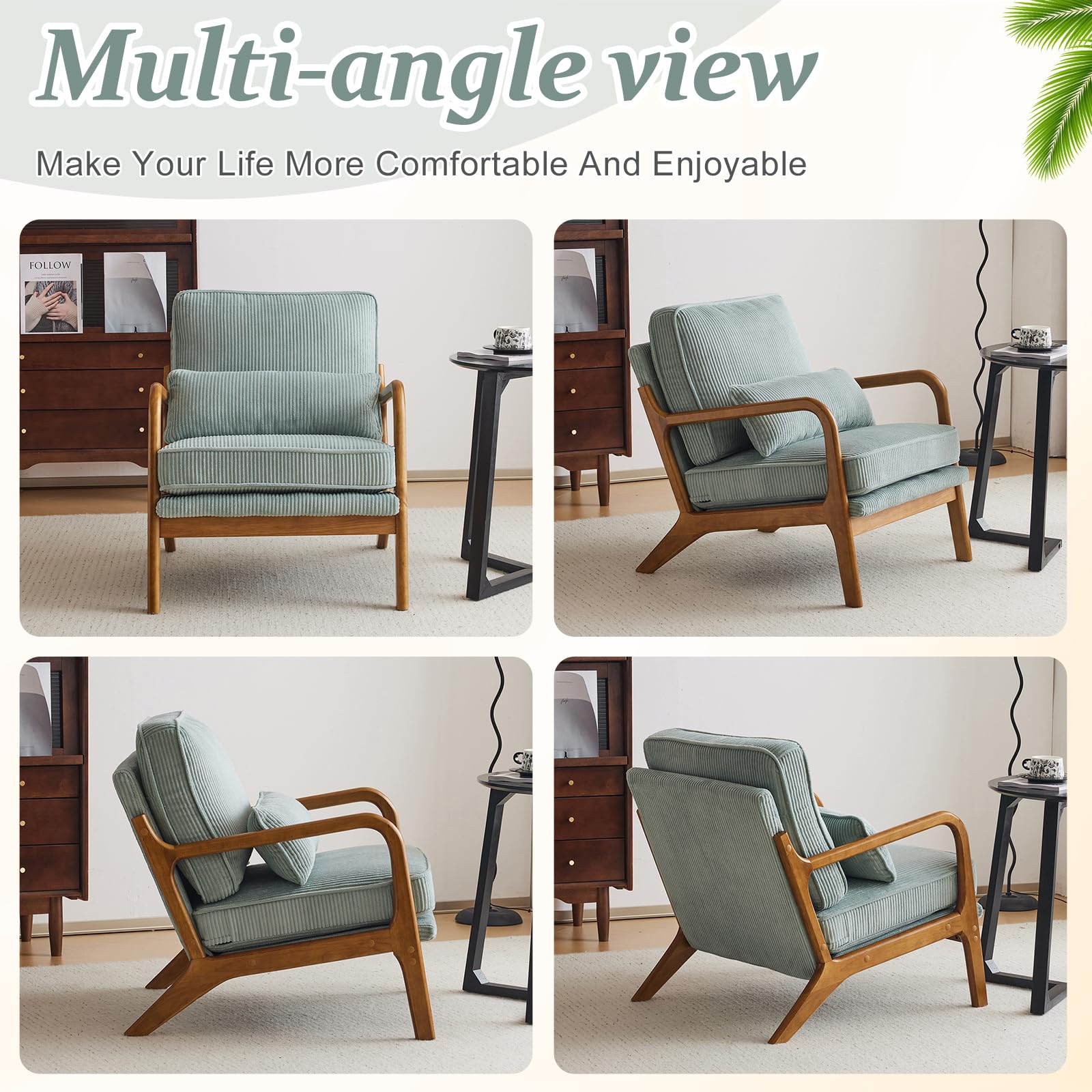 Upgraded Premium Corduroy Accent Chair - Mid Century Modern Upholstered Armchair with Solid Wood Frame & Lumbar Pillow - Comfortable Reading Chair for Living Room, Bedroom, Guest Room - Light Teal - Perfect for Relaxing, Reading & Home Decor