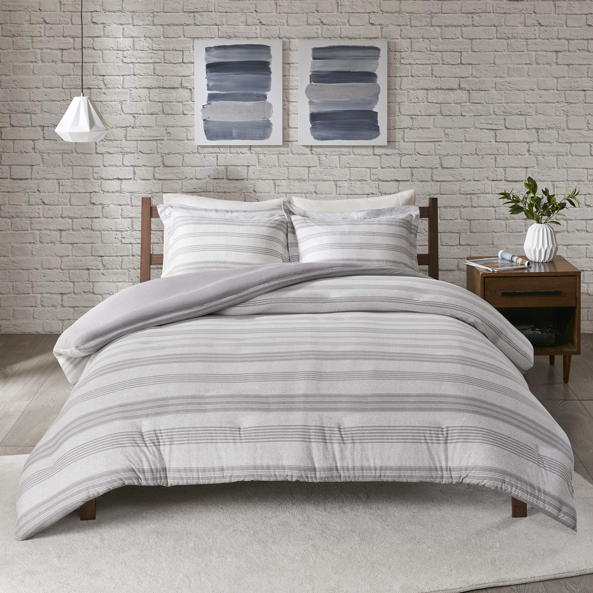 Urban Habitat Cole Cozy Cotton Blend Jersey Knit Duvet Cover Set - Classic Stripe Design, Breathable All-Season Bedding with Matching Shams, Twin/Twin XL (68x92 Inches), Grey 3-Piece Set - Perfect for Dorm Rooms, Guest Bedrooms & Cozy Home Decor