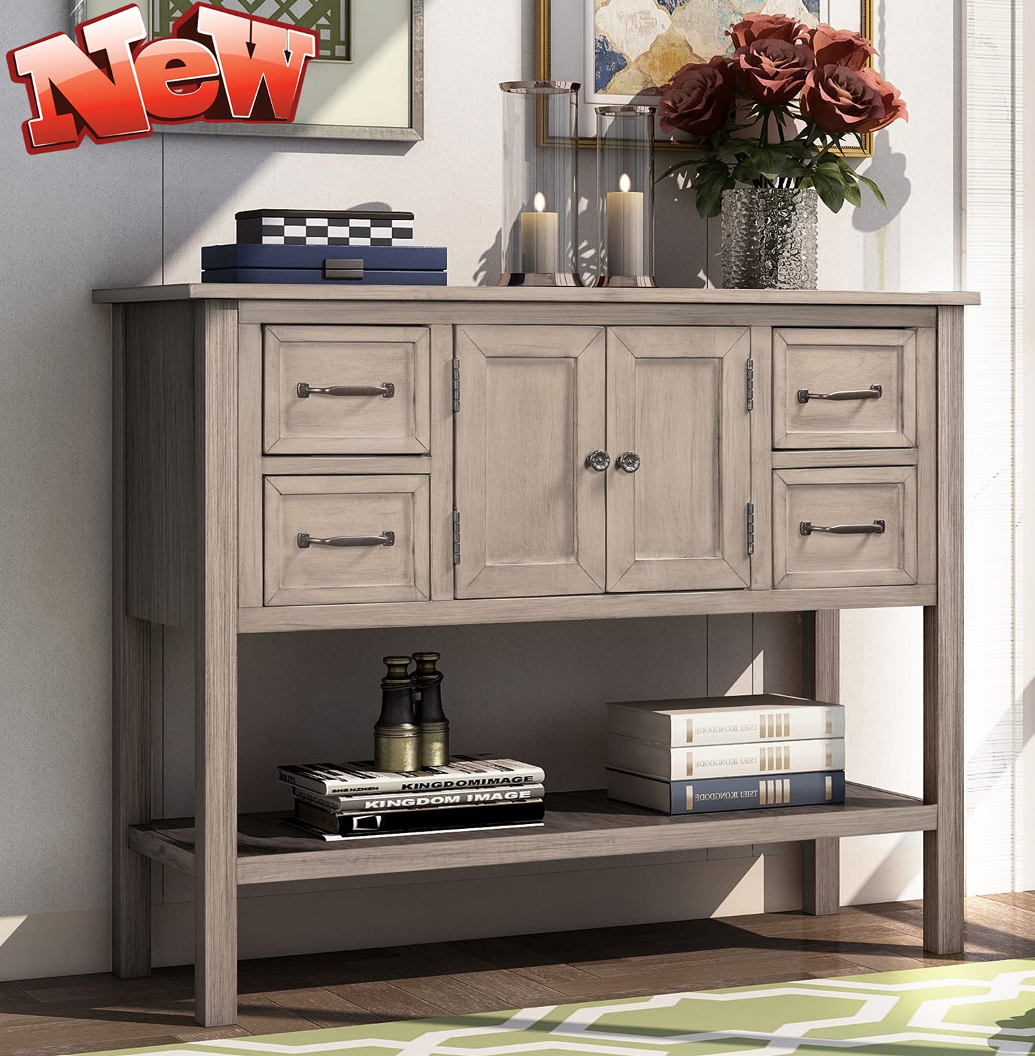 Solid Wood Buffet Sideboard Cabinet with 4 Drawers - Modern Console Table for Living Room & Entryway Storage