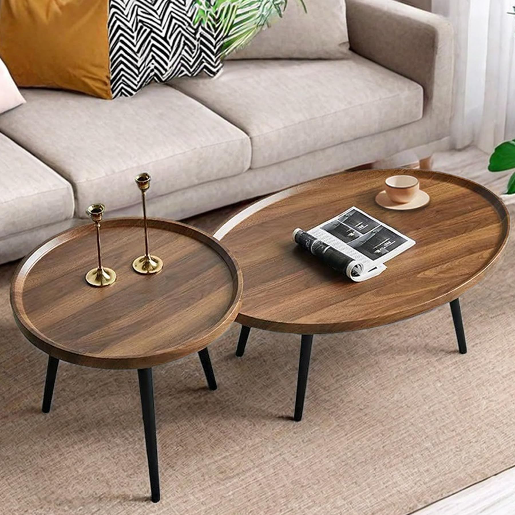 Mid Century Modern Nesting Coffee Table Set of 2 - Oval & Round Side Tables for Living Room, Bedroom, Small Spaces - Walnut Finish | Perfect for Compact Apartments, Cozy Reading Nooks & Contemporary Home Decor