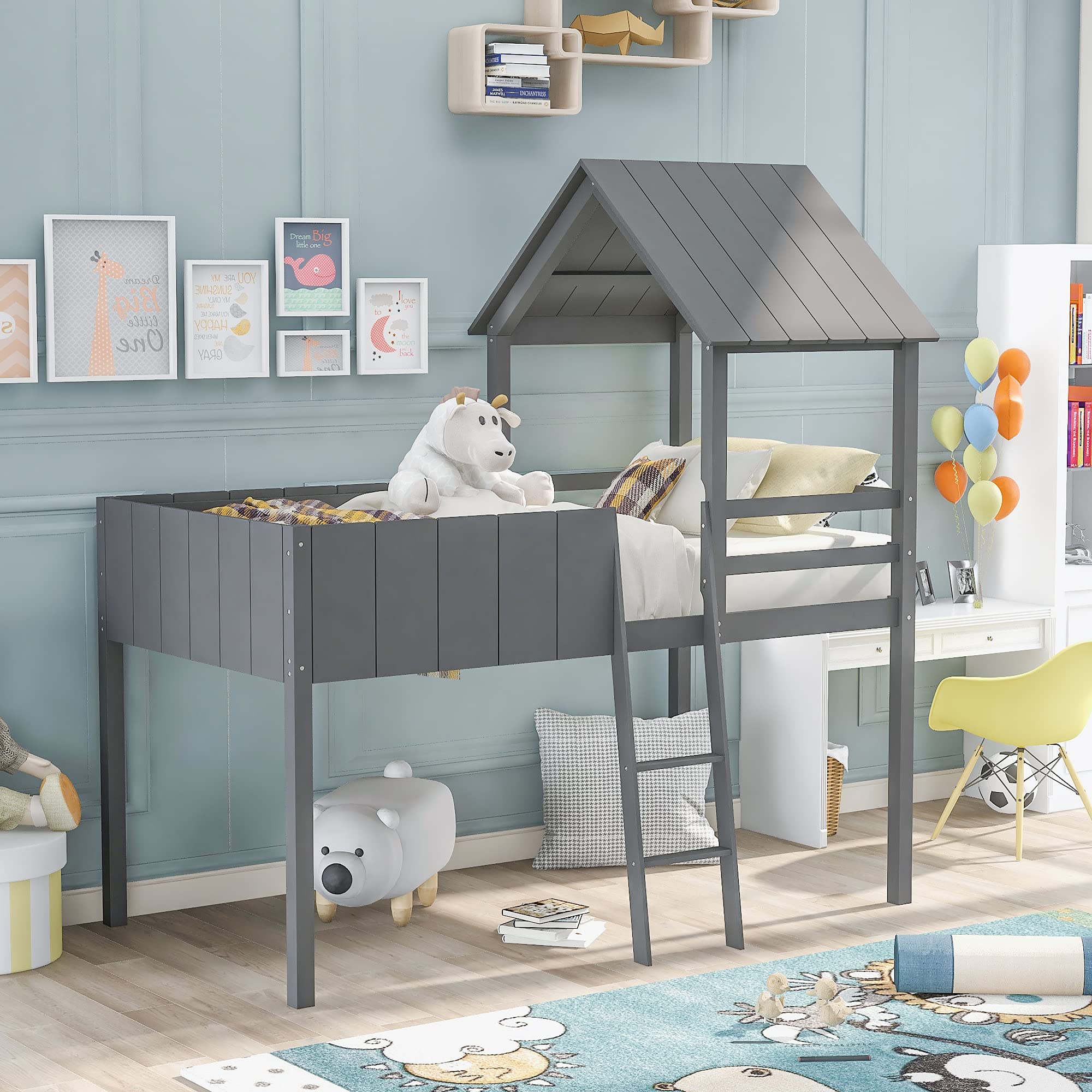**TYMMC Twin Size Low Loft Bed for Kids - Solid Wood House Loft Bed with Roof, Guardrail & Ladder - No Box Spring Needed, Easy to Assemble (Gray) - Perfect for Small Bedrooms, Playrooms & Sleepovers**