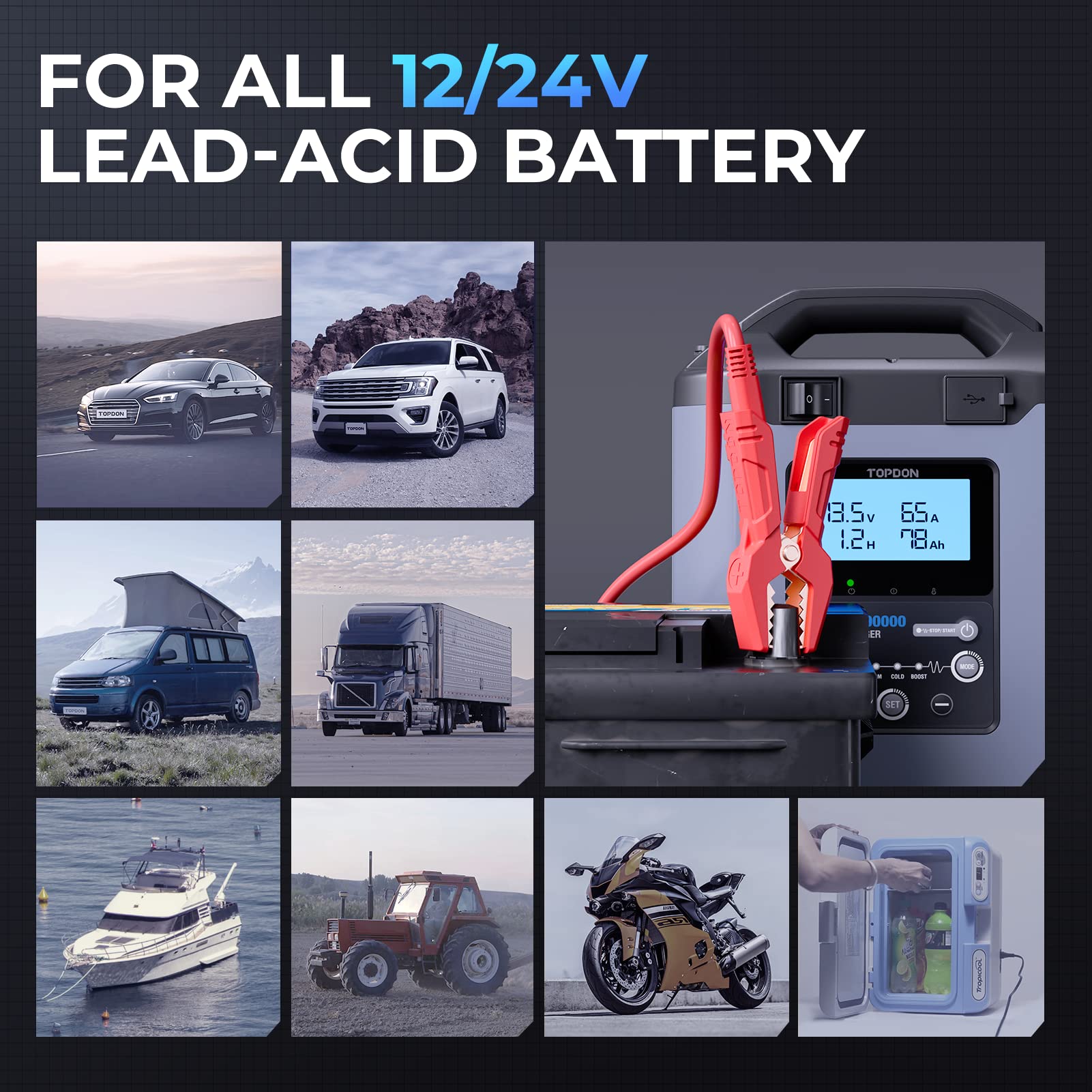 TOPDON T90A 12V/24V 5A-90A Smart Car Battery Charger & Maintainer - Automatic Desulfator for Automotive, Marine, Truck & Motorcycle Batteries - Perfect for Winter Storage, RV Maintenance & Emergency Jump Starts