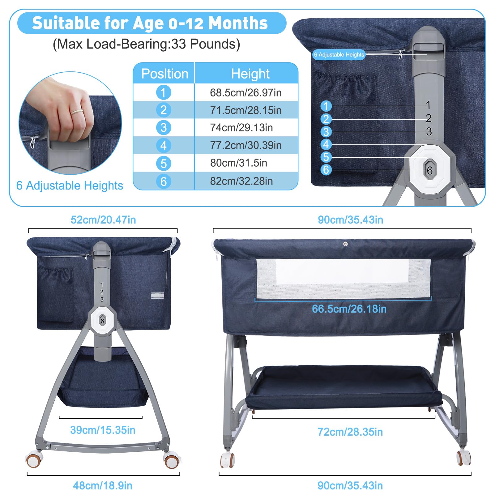 **Portable Baby Bassinet for Newborns – Adjustable Height Bedside Crib with Storage Basket & 4 Auto-Lock Wheels – Safe & Comfortable Infant Sleeper for Nursery, Travel & Co-Sleeping (Navy Blue)**