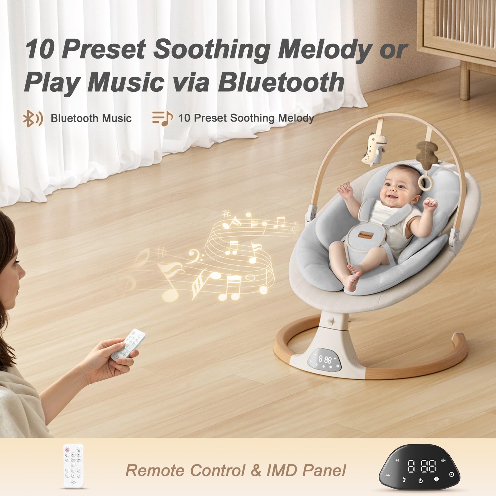 Monamii Bluetooth Baby Swing with Music Speaker - 5 Speed Adjustable, Remote Control, Portable Infant Swing for Indoor & Outdoor Use - Perfect for Newborns & Toddlers (Beige) - Ideal for Nursery, Travel & Playtime