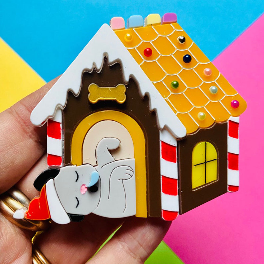 Christmas Collection - Gingerbread Dog House Acrylic Brooch by Makokot Design | Cute Holiday Pet Accessory for Dogs & Cat Lovers | Perfect for Christmas Gifts, Party Favors & Pet-Themed Jewelry