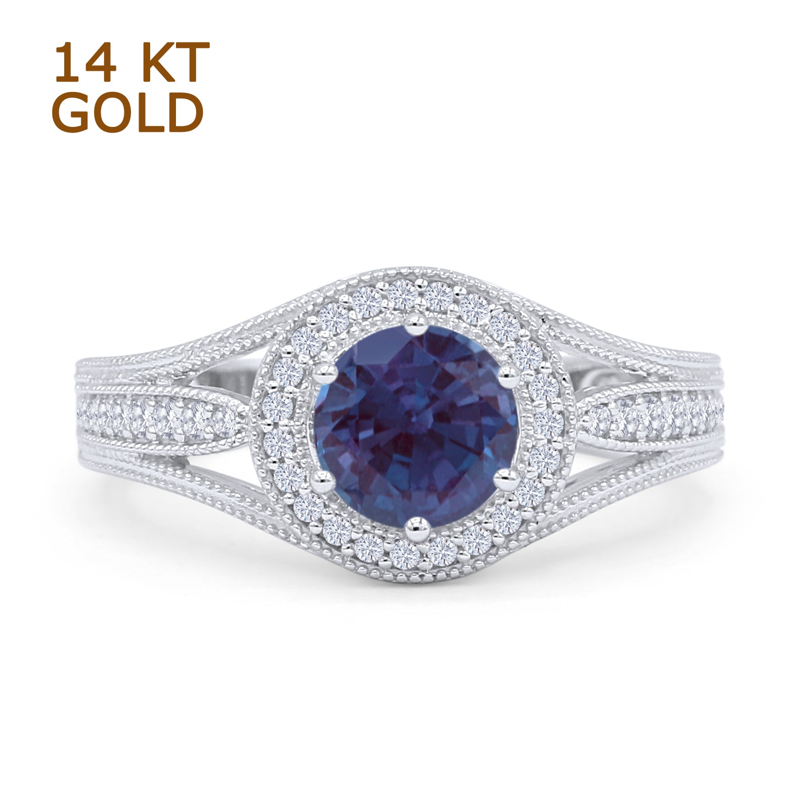 14K White Gold Art Deco Round Halo Split Shank Lab Alexandrite Bridal Ring – Elegant Engagement & Wedding Jewelry for Brides, Anniversary Gifts, Special Occasions