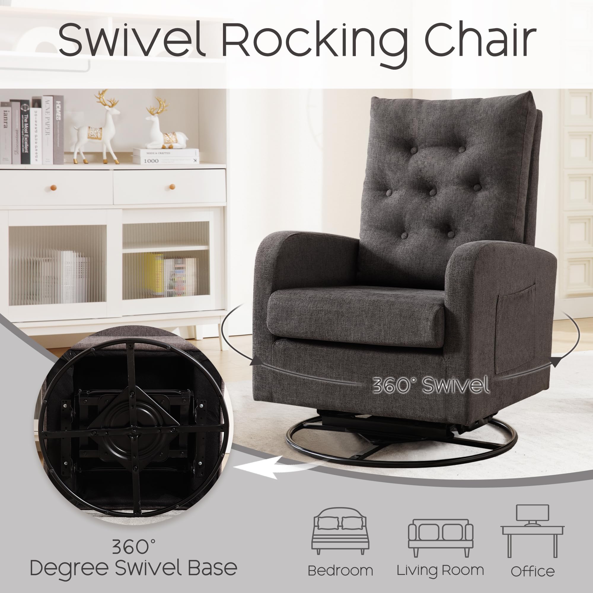 360° Swivel Rocking Chair Nursery Glider - Modern Padded Armchair with Teddy Fabric for Living Room, Bedroom & Nursery | Comfortable Breastfeeding Chair for Moms, Adults (Dark Grey) | Perfect for Nursing, Reading & Relaxing