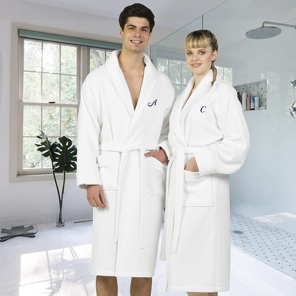 Premium White Unisex Turkish Cotton Waffle Weave Bathrobe - Soft Terry Cloth Robe with Navy Blue Monogram - Size L/XL - Perfect for Spa, Hotel & Home Relaxation