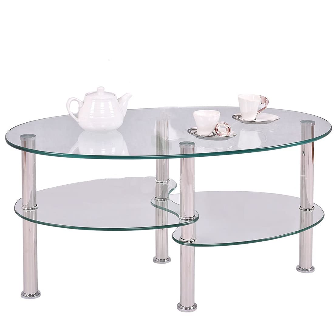 Modern 2-Tier Oval Glass Coffee Table - Tempered Safety Glass End Table for Living Room, Office & Lounge - Transparent Contemporary Design with Smooth Surface for Home Decor & Entertaining