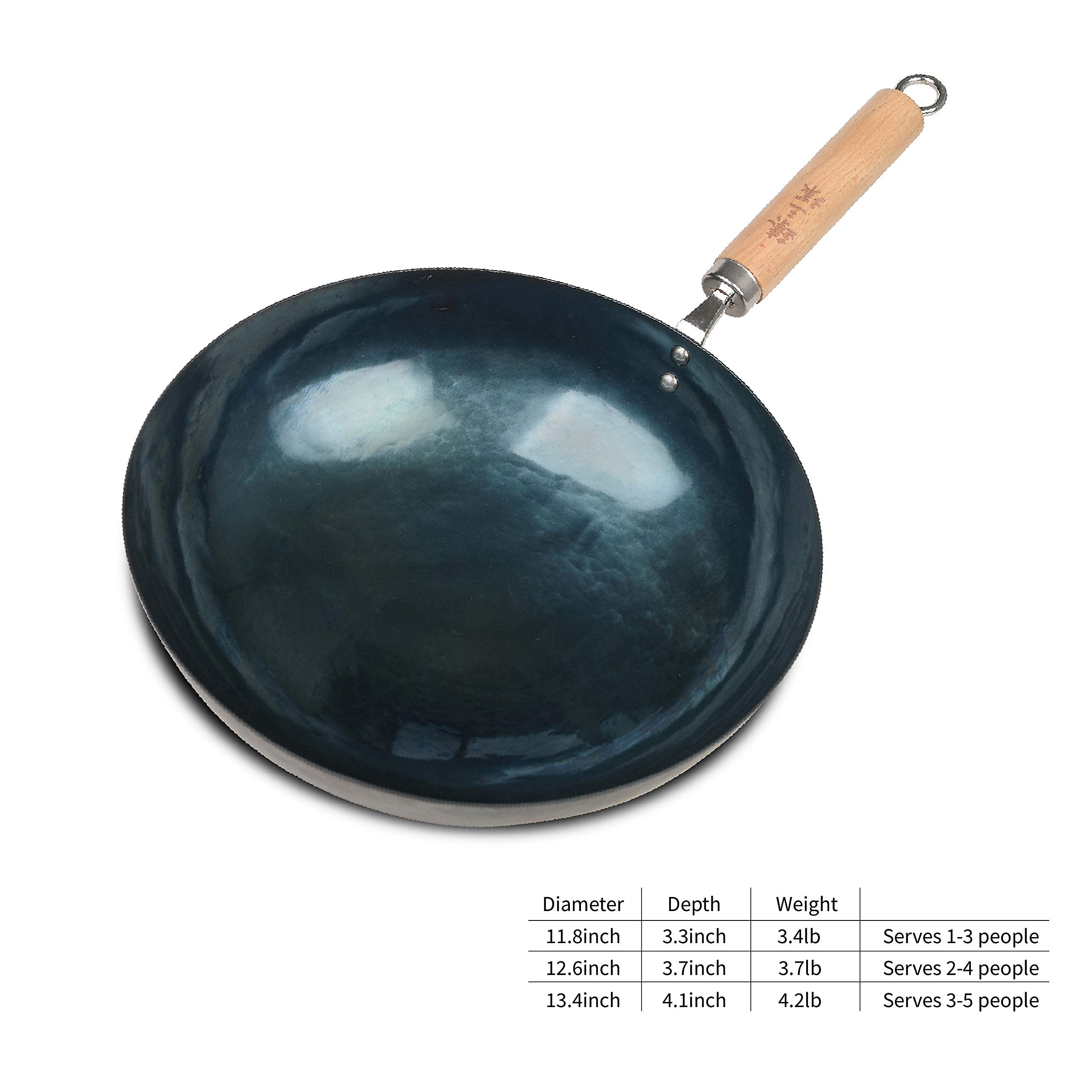 ZhenSanHuan 14 Inch Traditional Chinese Cast Iron Wok Set with Wooden Handle & Lid - Round Bottom Carbon Steel Pan with Wok Stand & Utensils - Perfect for Stir Fry, Deep Frying & Asian Cooking