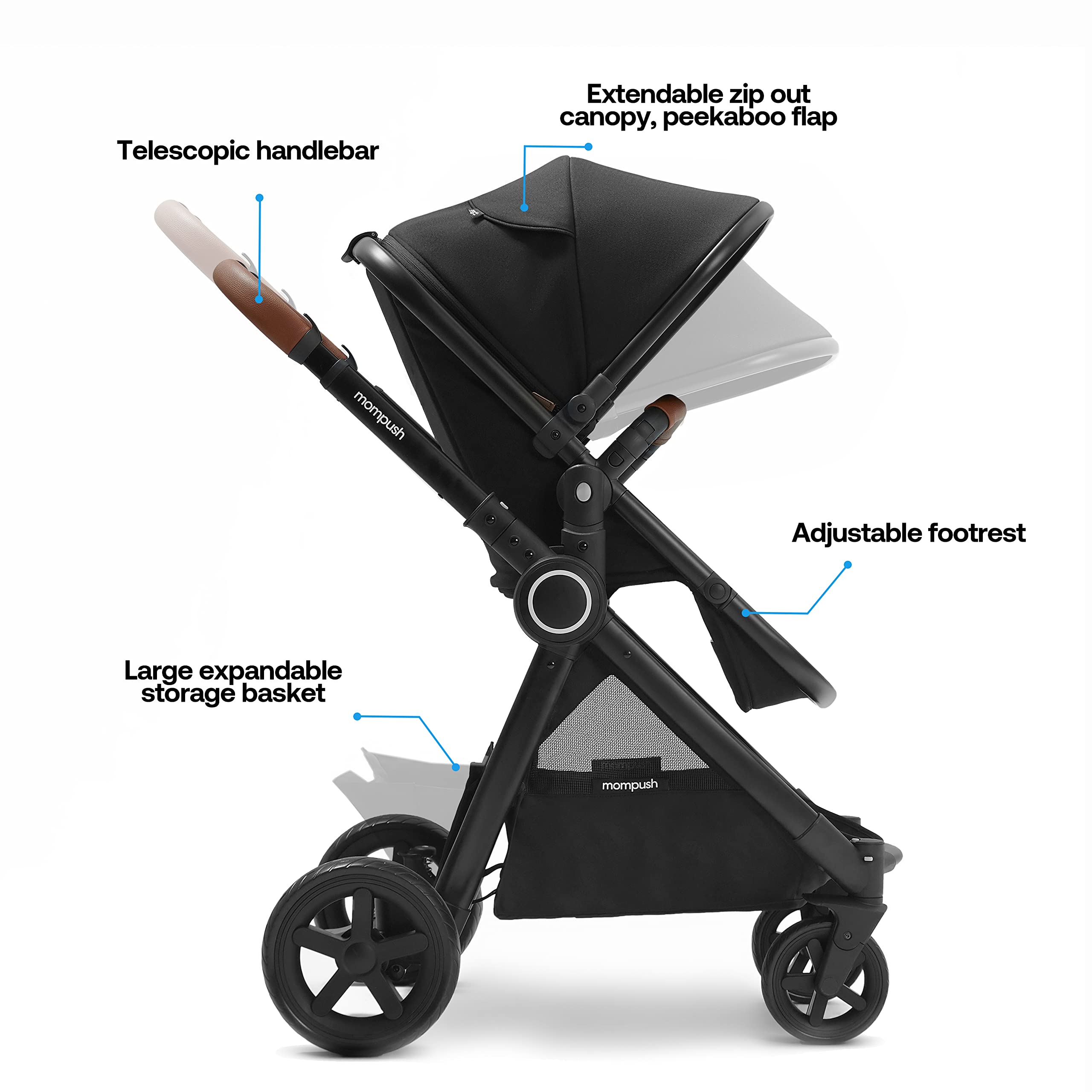 Mompush Ultimate2 Baby Stroller - Premium Convertible Full-Size Bassinet Stroller for Newborn & Toddler with Reversible Seat, One-Hand Recline Pushchair Pram & Car Seat Adapter - Perfect for City Walks, Shopping & Family Outings