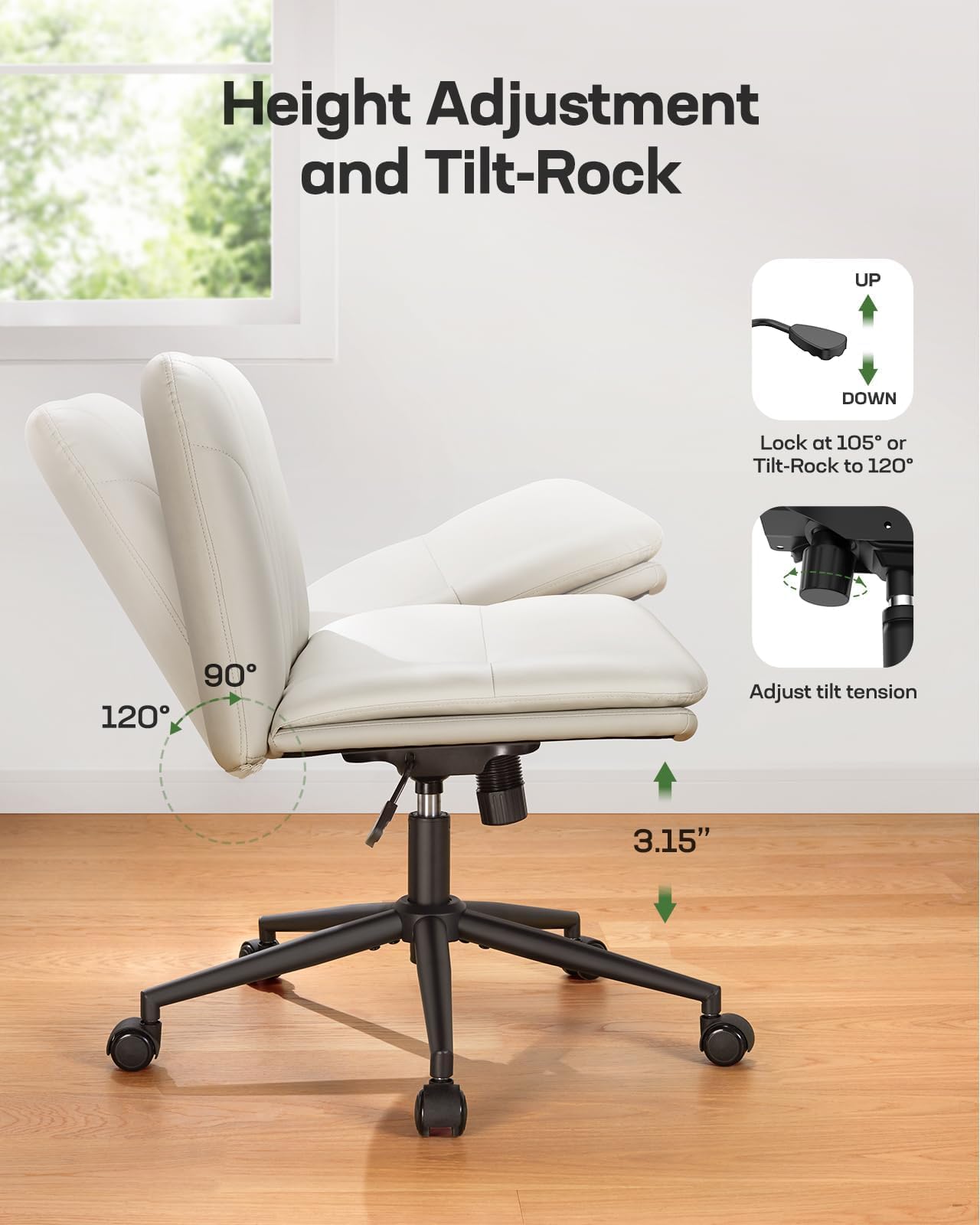 Marsail Armless Office Desk Chair with Wheels - PU Leather Cross Legged Wide Chair, Adjustable Swivel Computer Task Chair for Home & Office, Light Beige | Perfect for Small Spaces, Bedrooms & Makeup Areas