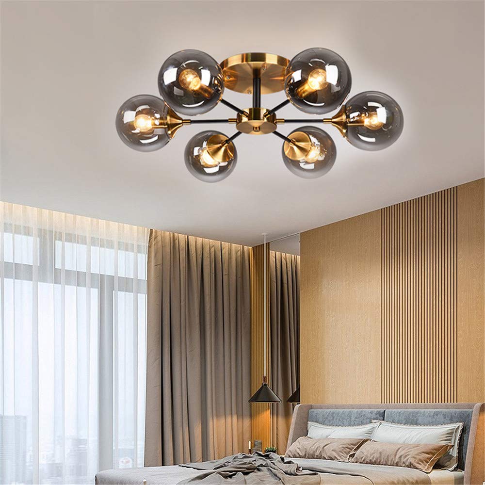 RUNNUP Mid-Century Modern 6-Light Glass Orb Chandelier - Brass Semi Flush Mount Ceiling Light Fixture with Radial Design for Kitchen, Dining Room, Living Room - Perfect for Contemporary Home Decor & Ambient Lighting