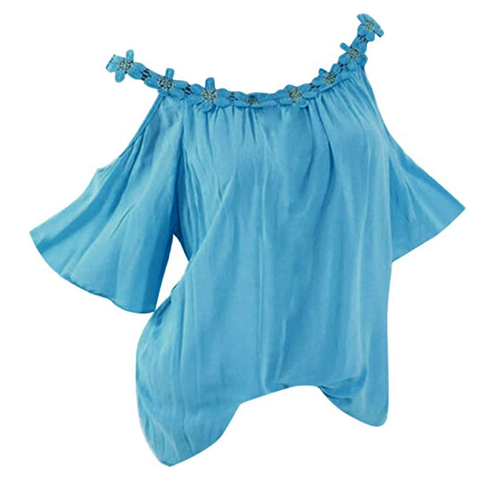 Women's Plus Size Floral T-Shirt Strapless Applique Blouse - Solid Collar Blue Top for Adults | Casual Wear, Summer Outfits & Everyday Fashion