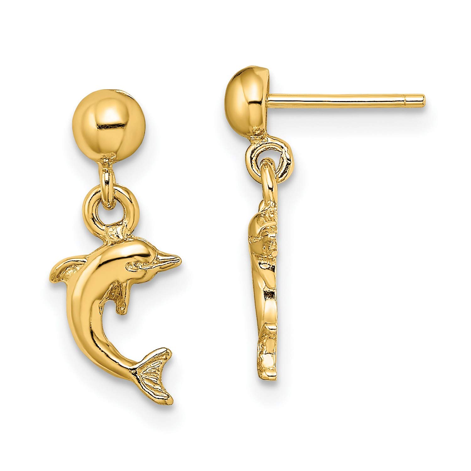14K Yellow Gold Mini Jumping Dolphin Dangle Earrings - 16mm x 7mm Handmade Jewelry for Women, Perfect Gift for Beach Lovers & Ocean-Themed Parties