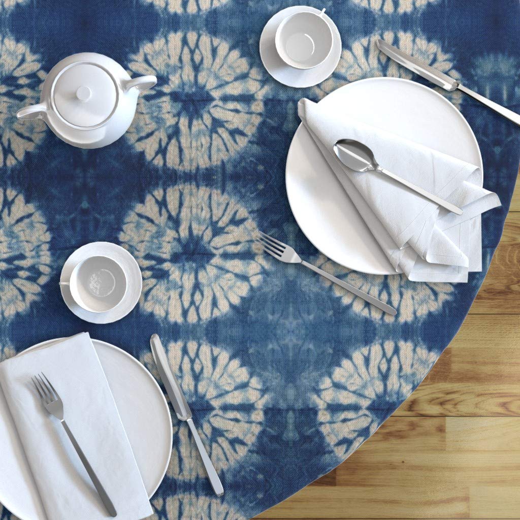 Spoonflower Cotton Sateen Round Tablecloth 90 Inch - Shibori Indigo Tie Dye Circles Pattern Modern Blue Gender Neutral Table Linens for Dining Room, Outdoor Picnic, Wedding Decor and Baby Shower