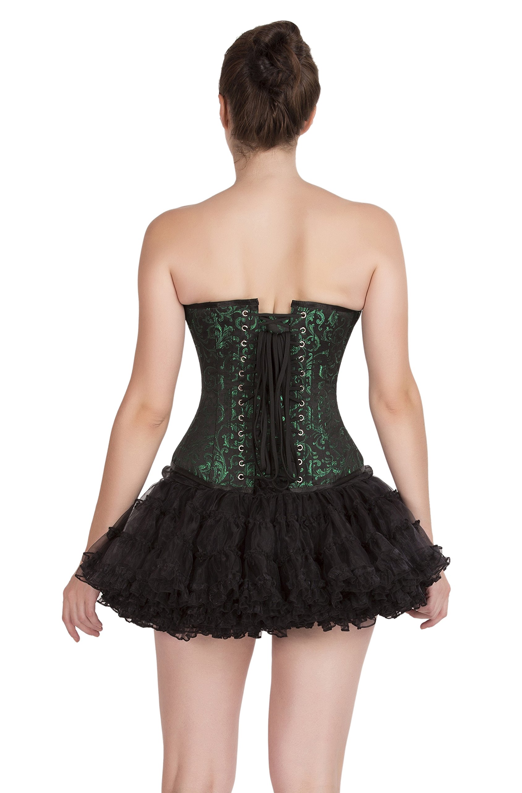 Gothic Burlesque Overbust Corset Dress with Green Black Brocade & Red Leather Tutu Skirt - Perfect for Halloween, Cosplay, and Steampunk Fashion Events
