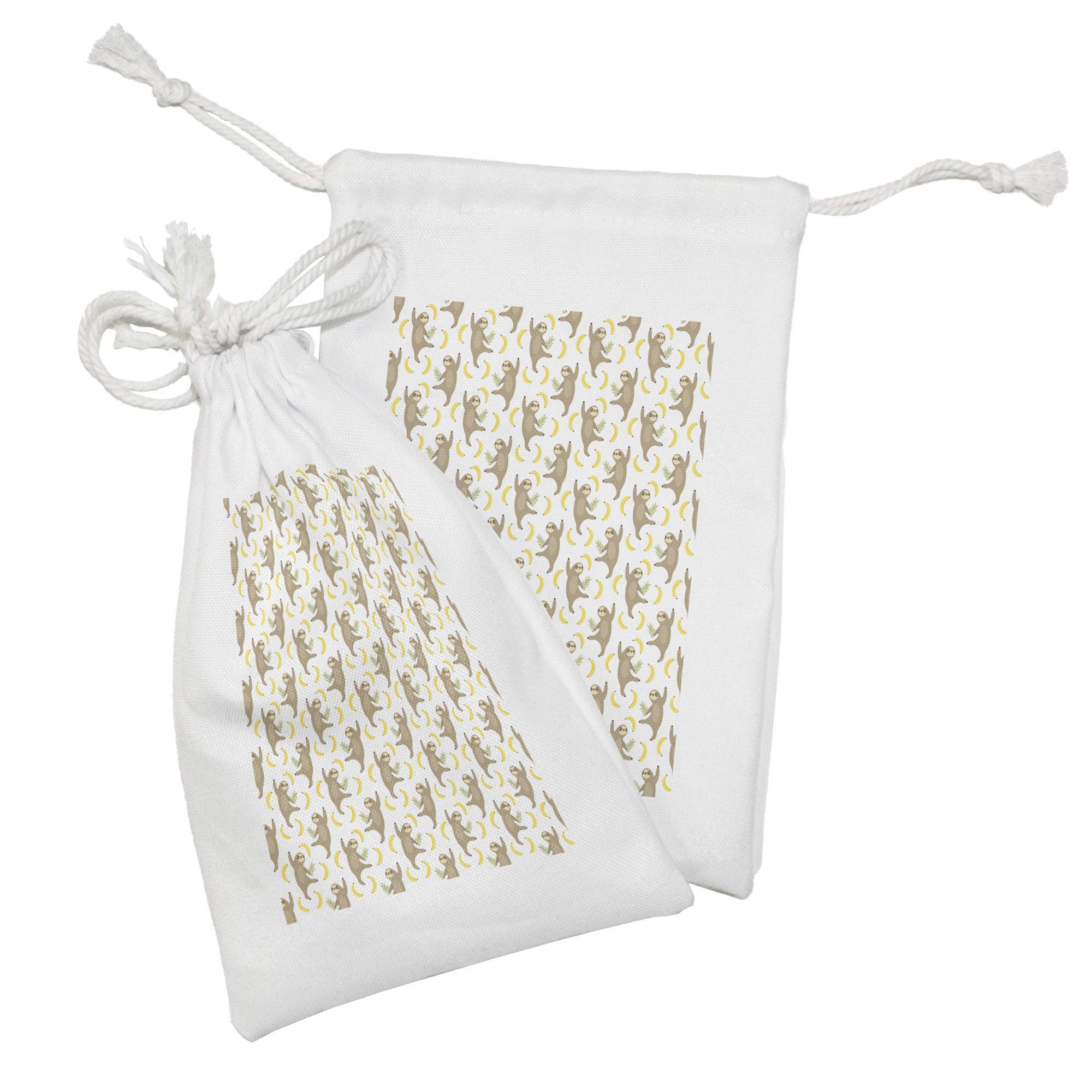 Ambesonne Sloths Fabric Pouch Set of 2 - Tropical Dancing Sloths & Banana Print Drawstring Bags (9