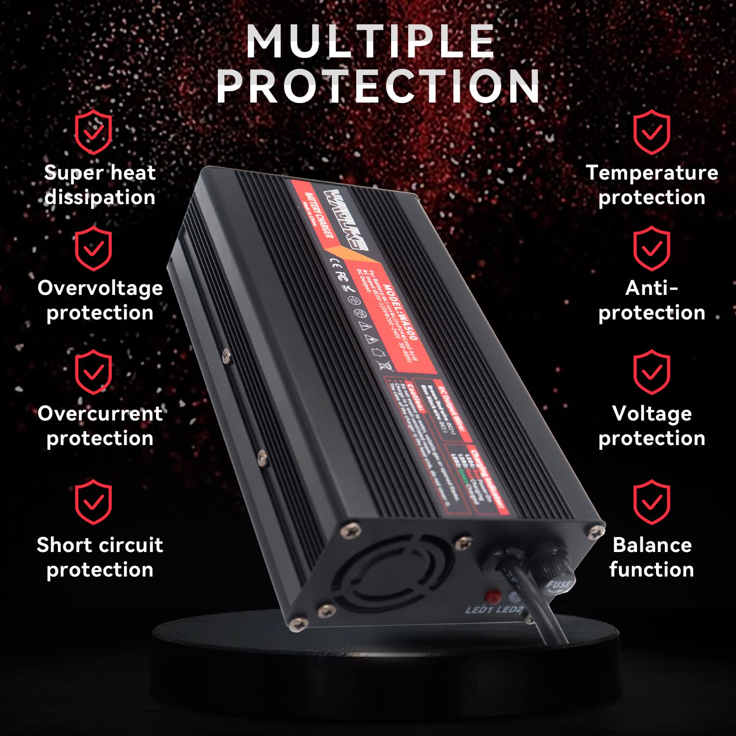 WAOUKS 54.6V 6A Smart Charger for 13S 48V Lithium Battery Packs - Aluminum Case with Cooling Fan | Fast Charging for Ebikes, Scooters & Electric Vehicles | Perfect for Home, Workshop & Outdoor Use