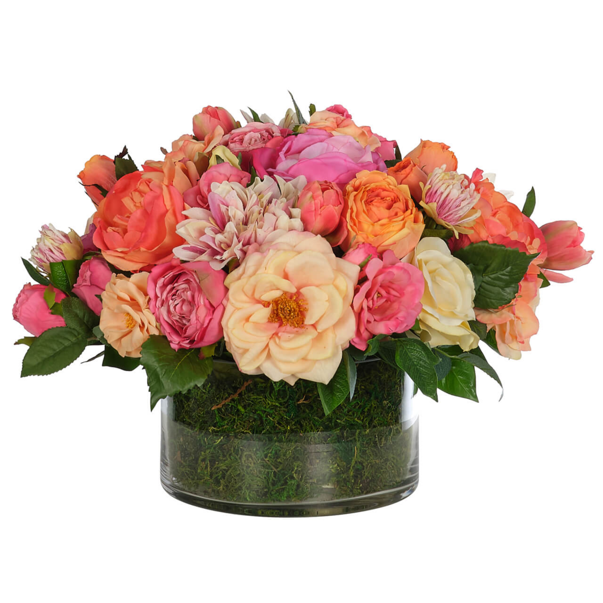 14 Faux Pink & Peach Roses with Moss in Glass Bowl - Elegant Home Decor for Centerpieces, Weddings & Tabletop Displays
