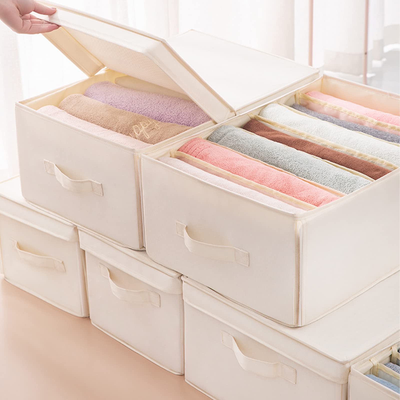 4-Piece Foldable Storage Box Set with Lid - Washable Closet Organizer for Clothes, Jeans, T-Shirts & Socks | Visible Drawer Dividers (1/7/9 Grid Options) | Perfect for Bedroom, Wardrobe & Travel Organization
