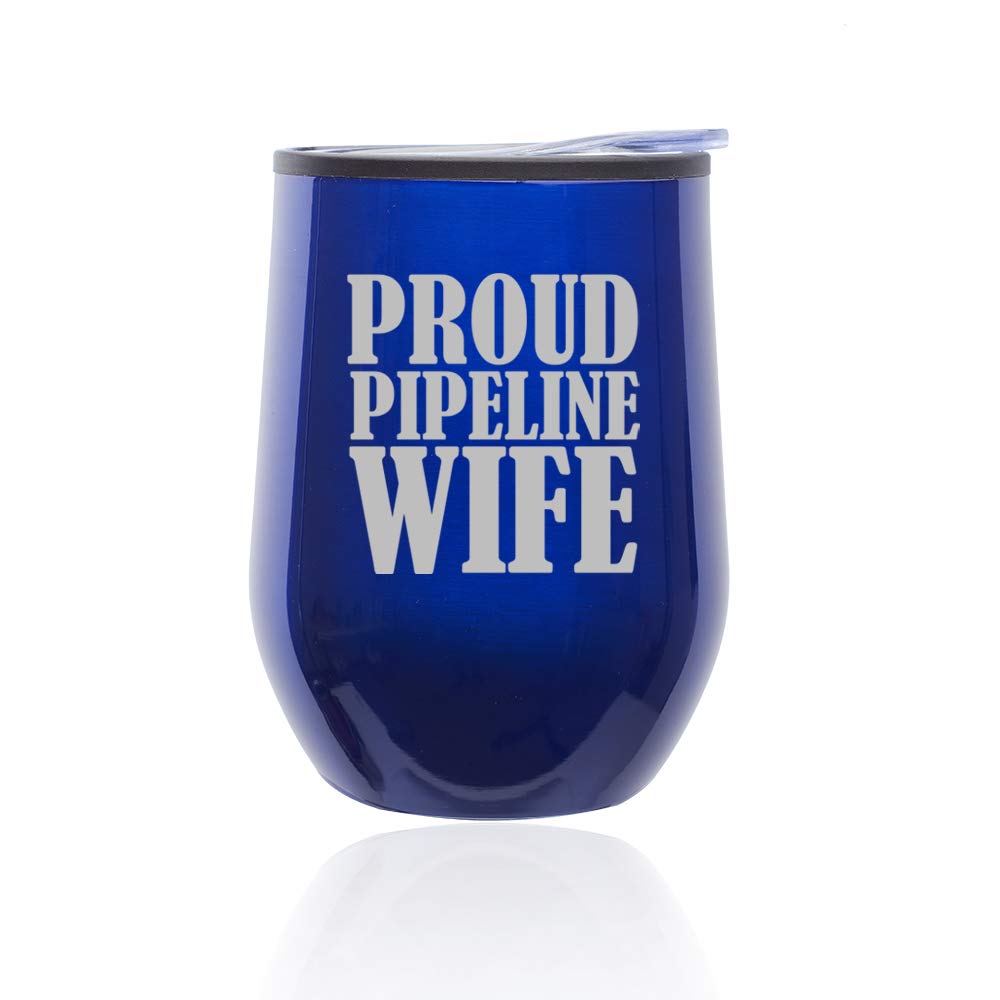 Stemless Wine Tumbler with Lid - 16oz Insulated Coffee Travel Mug, Shatterproof Glass for Hot & Cold Drinks - Perfect for Home, Office, Travel & Outdoor Activities - Proud Pipeline Wife Gift (Blue)
