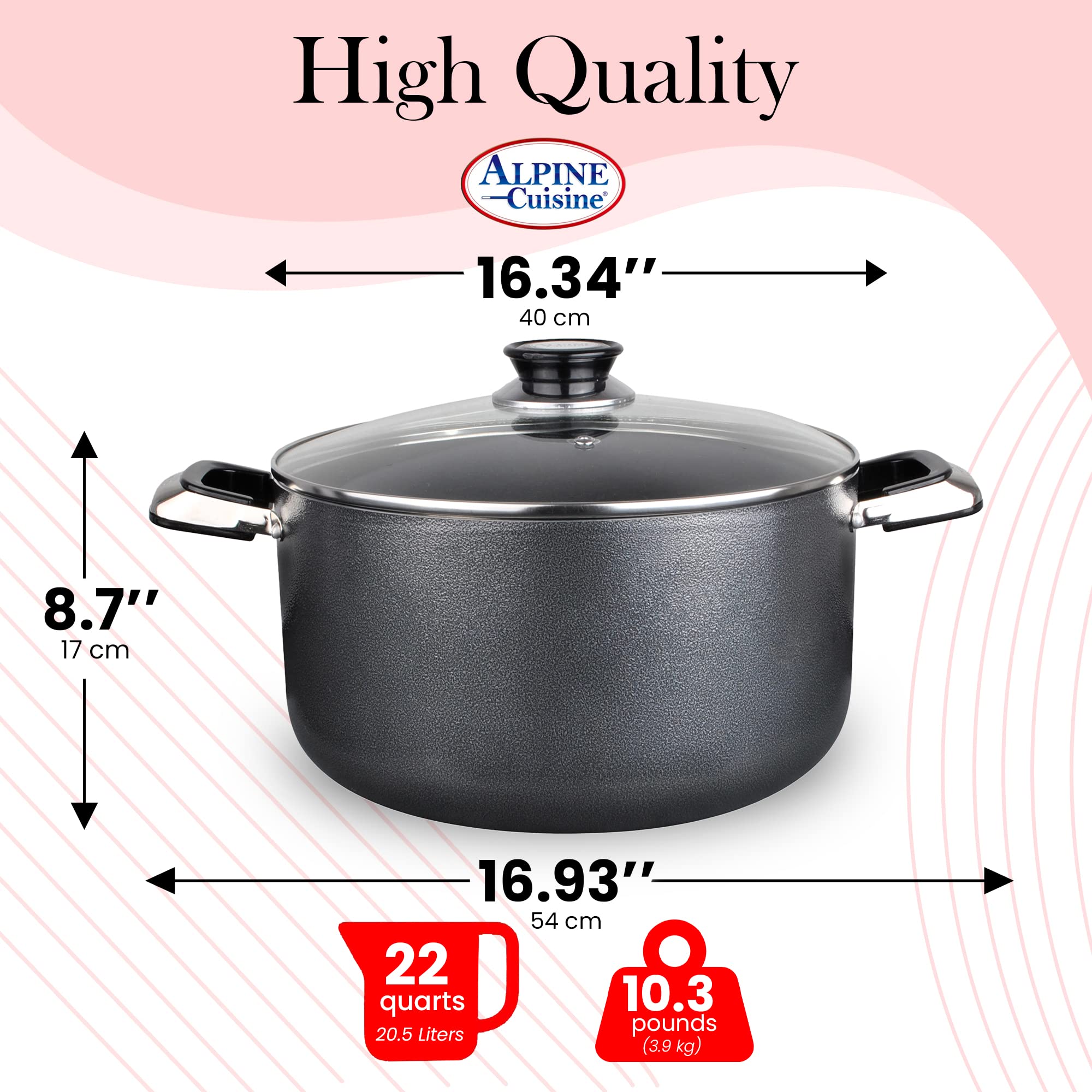22 Quart Non-Stick Aluminum Stock Pot with Tempered Glass Lid - Multi-Purpose Dutch Oven for Braising, Boiling, Stewing & Soup Making - Perfect for Large Family Dinners, Camping Trips & Commercial Kitchens