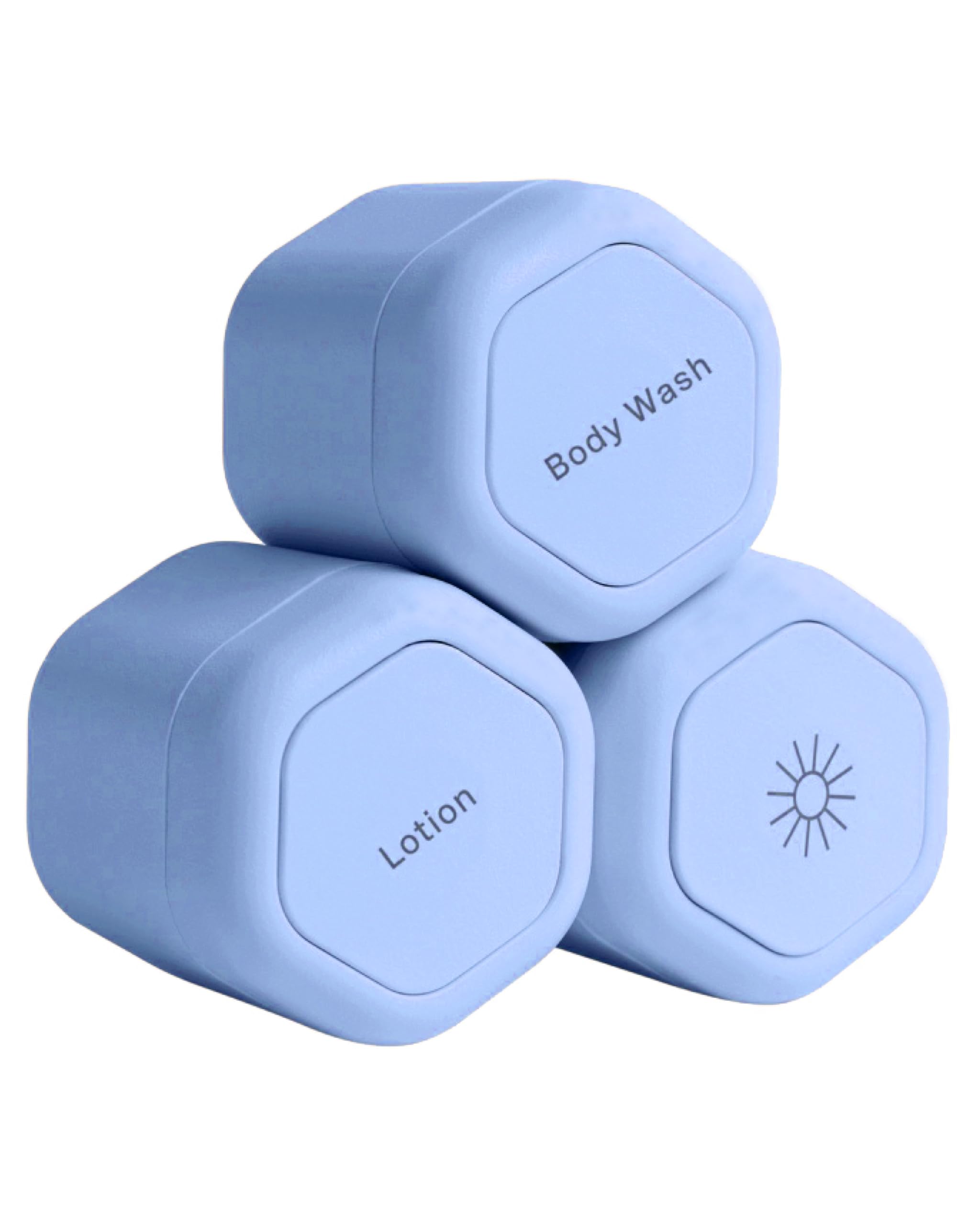 Cadence Magnetic Travel Containers Set - 3 Pack (1.32oz) Leak-Proof Body Wash, Lotion & Sunscreen Capsules with Icon Labels - Perfect for Toiletries, Skincare & Sun Protection While Traveling, Gym or Outdoor Activities