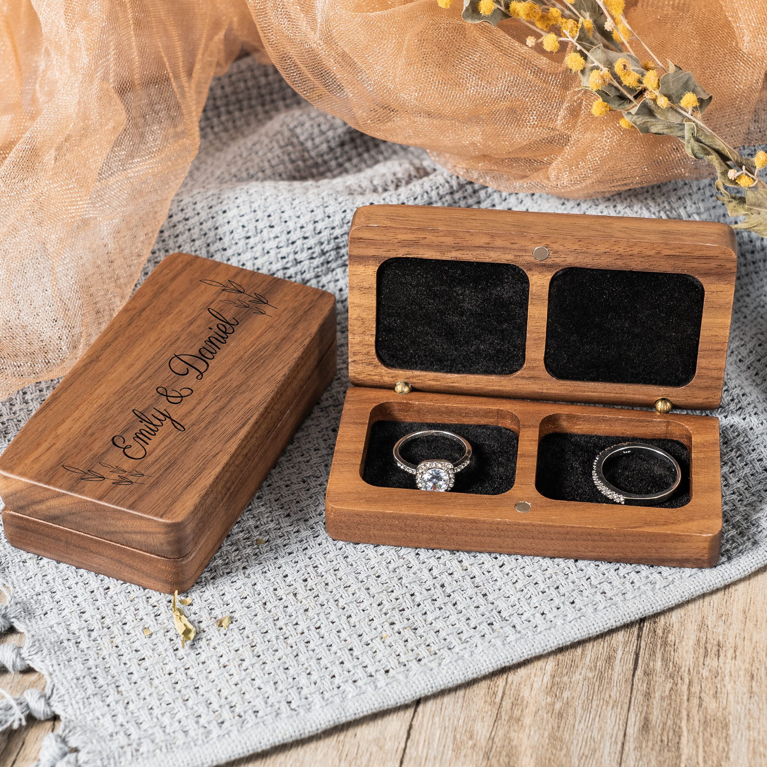 Personalized Rectangular Wooden Ring Box for Wedding & Engagement - Custom Double Ring Jewelry Display Case for Proposal, Anniversary & Birthday Gifts - Holds 2 Rings Perfect for Ceremonies & Romantic Surprises
