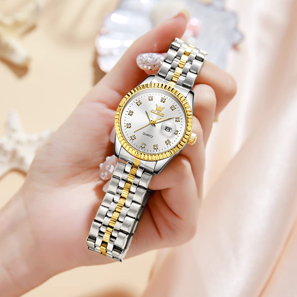 Luxury Diamond Women's Watches - OLEVS Analog Quartz Waterproof Stainless Steel Dress Watch with Day Date Display | Perfect for Formal Events, Business Meetings & Special Occasions