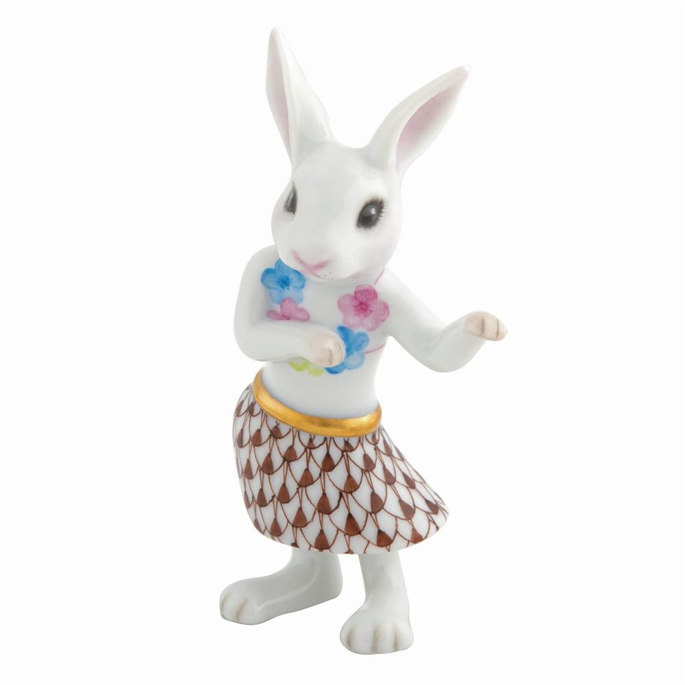 Herend Hula Bunny Rabbit Figurine - Hand-Painted Porcelain Collectible with Chocolate Fishnet Design - Perfect for Easter Decor, Gift Giving & Home Display
