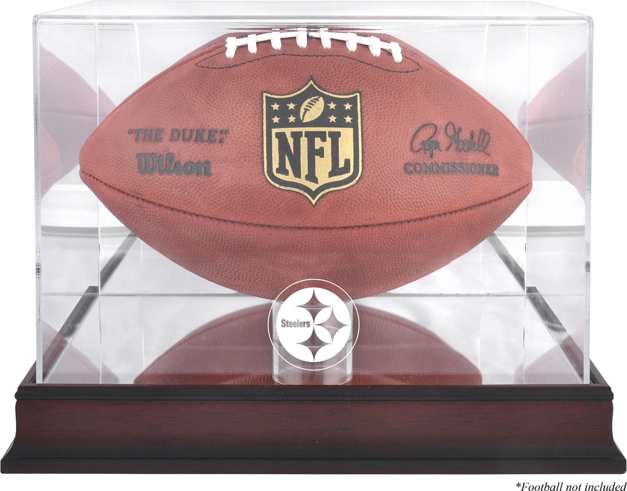 Pittsburgh Steelers Mahogany Football Logo Display Case with Mirror Back - Premium Wooden NFL Memorabilia Display Case for Collectibles, Jerseys & Awards - Perfect for Man Cave, Sports Bar or Home Decor