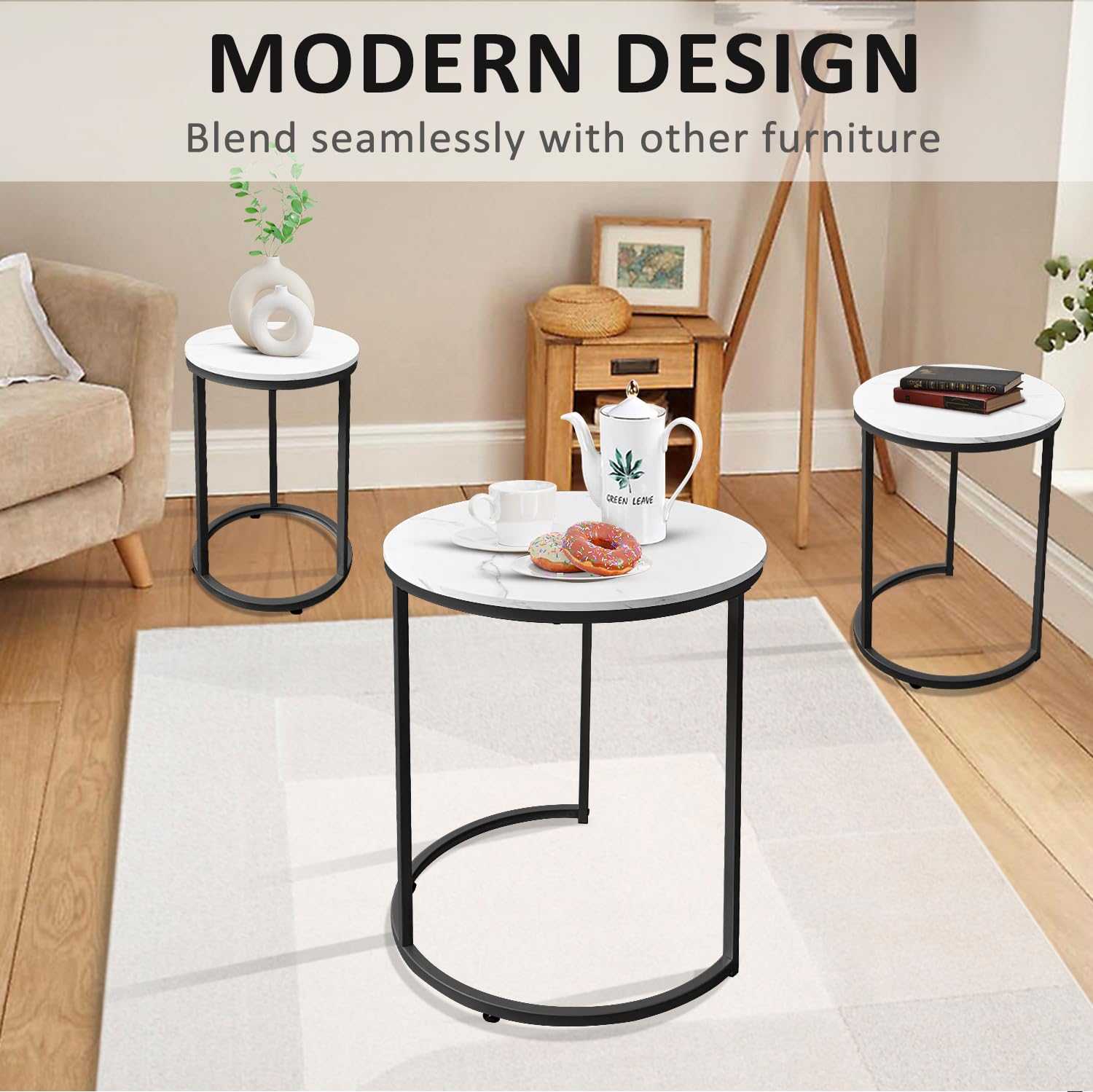 AT-VALY 3-Piece Round Nesting Coffee Table Set - Small Accent Side Tables for Living Room, Bedroom & Apartment (Black) | Space-Saving Modern Furniture for Small Spaces, Home Decor & Coffee Table Styling