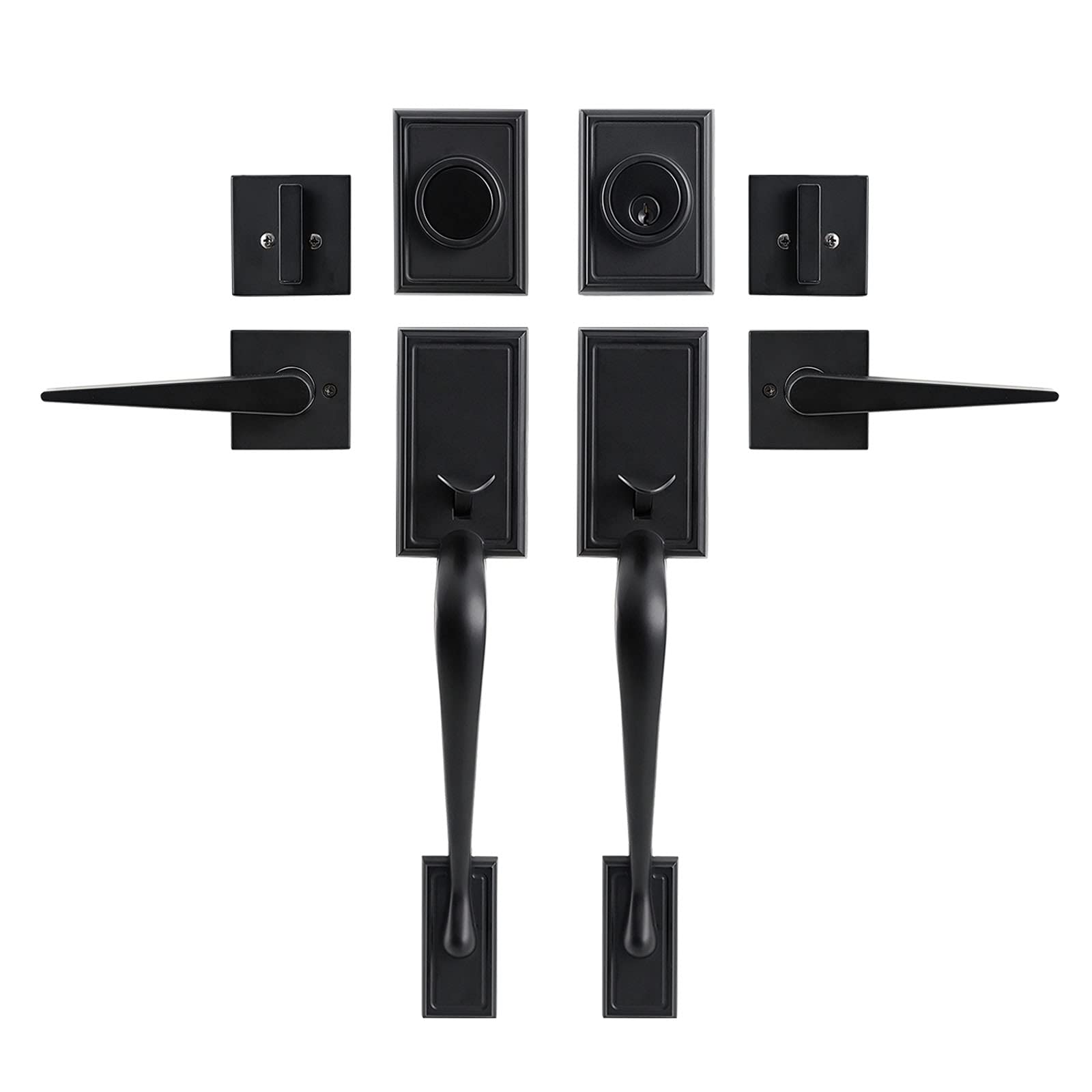 GUA OYH Matte Black Double Front Door Handle Set - Keyed Dummy Door Lock with Lever for Home & Office Security (L361516-B-S118) - Perfect for Entry Doors, Bedrooms & Commercial Spaces