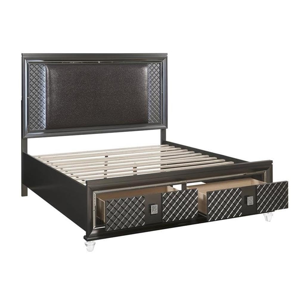 Acme Sawyer Queen Size Bed Frame with Storage & LED Lighting - Fabric Upholstered & Metallic Gray Finish | Perfect for Small Bedrooms & Modern Apartments