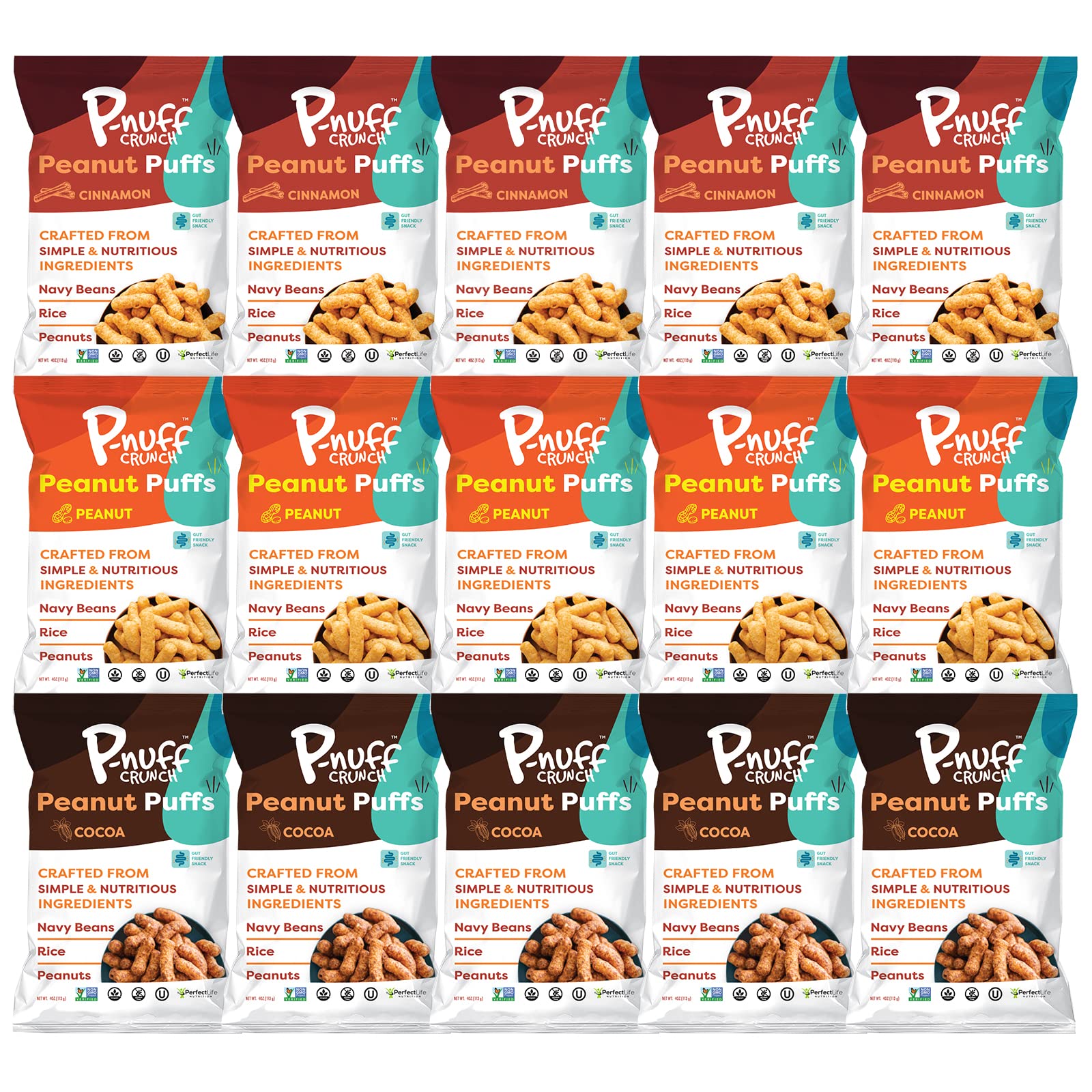 Pnuff Crunch Peanut Butter Puffs - Healthy Low Calorie Gluten Free Vegan High Protein Keto Snacks - Variety Pack 15x4oz - Perfect for Office, Gym & On-the-Go Snacking - As Seen on Shark Tank