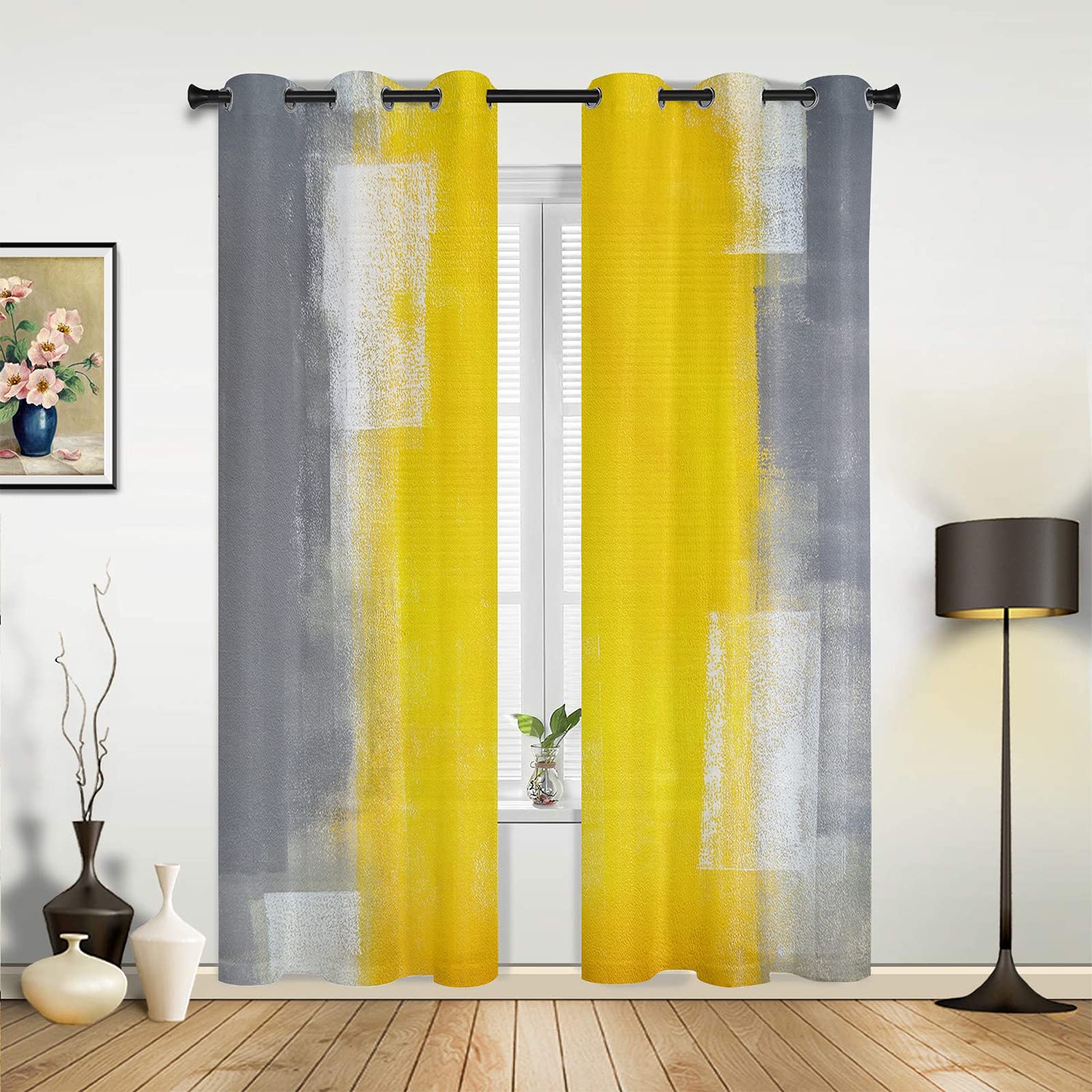 Modern Yellow Gray Sheer Curtains 90 Inches Long - Abstract Geometric Window Drapes with Grommet Top, Light Filtering Privacy Panels (Set of 2, 52W x 90L) for Living Room, Bedroom & Kitchen Decor | Perfect for Contemporary Home & Office Spaces
