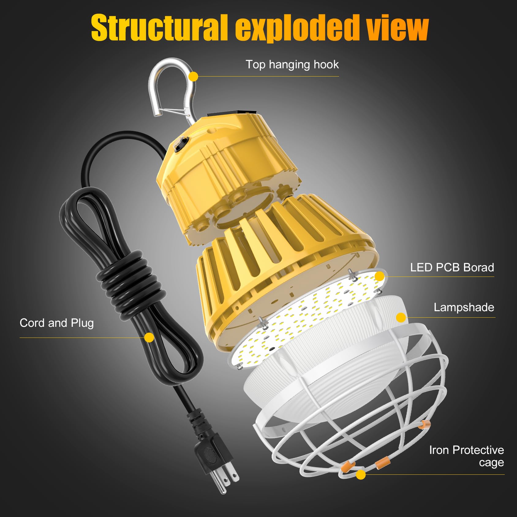 60W LED Work Light 5000K Daylight White 8400LM - Linkable Construction Lighting with Steel Hook, Plug & Play for Warehouse, Garage, Tunnel, Mine - Durable Hanging Job Site Light AC 120V - Perfect for Construction, Emergency Lighting, and Outdoor Work Areas