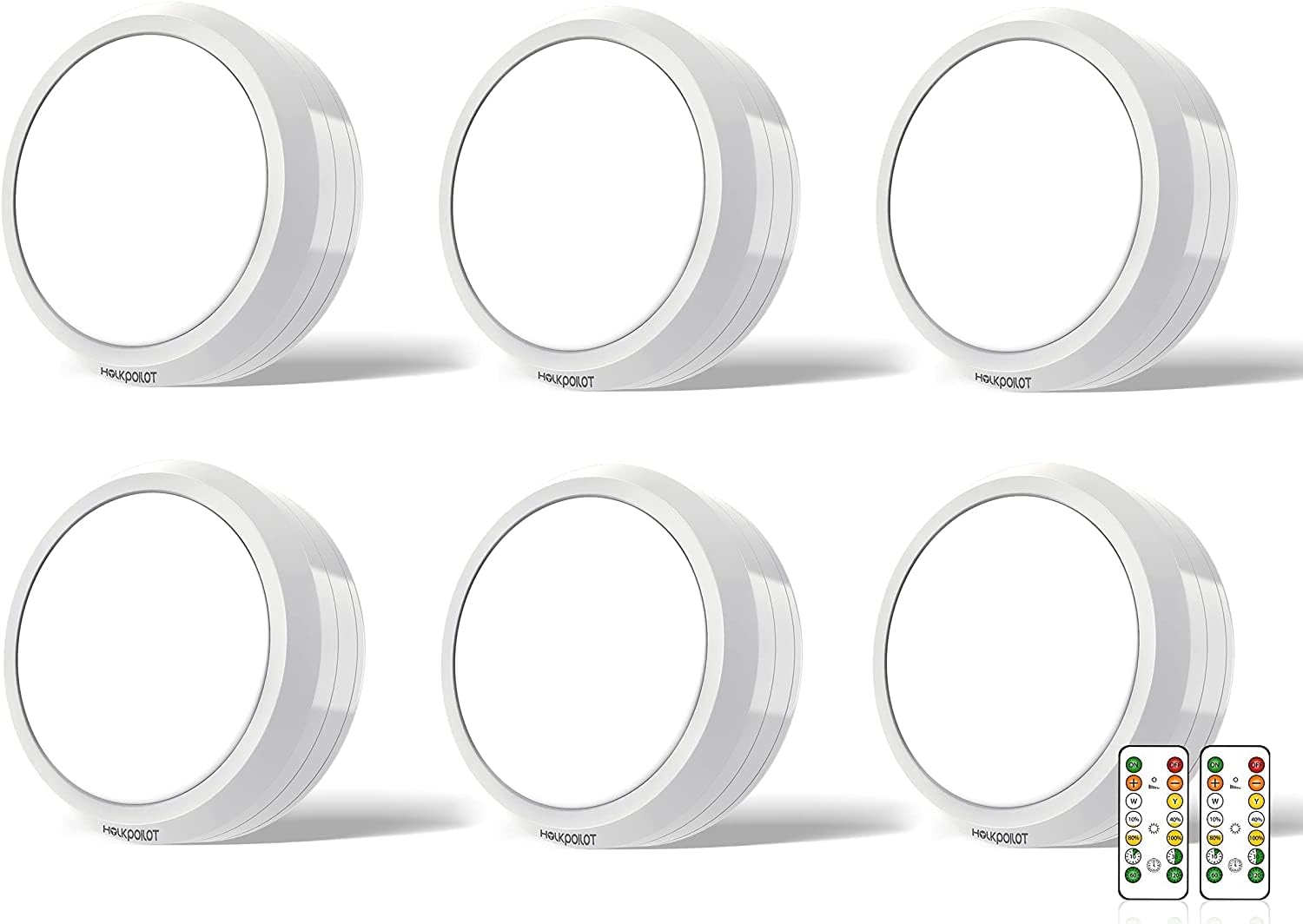 HOLKPOILOT 6-Pack Puck Lights with Remote Control - Battery Operated Under Cabinet Lighting for Kitchen, Counter, Ceiling & Closet - Stick-On White LED Puck Lights for Home Decor & Task Lighting