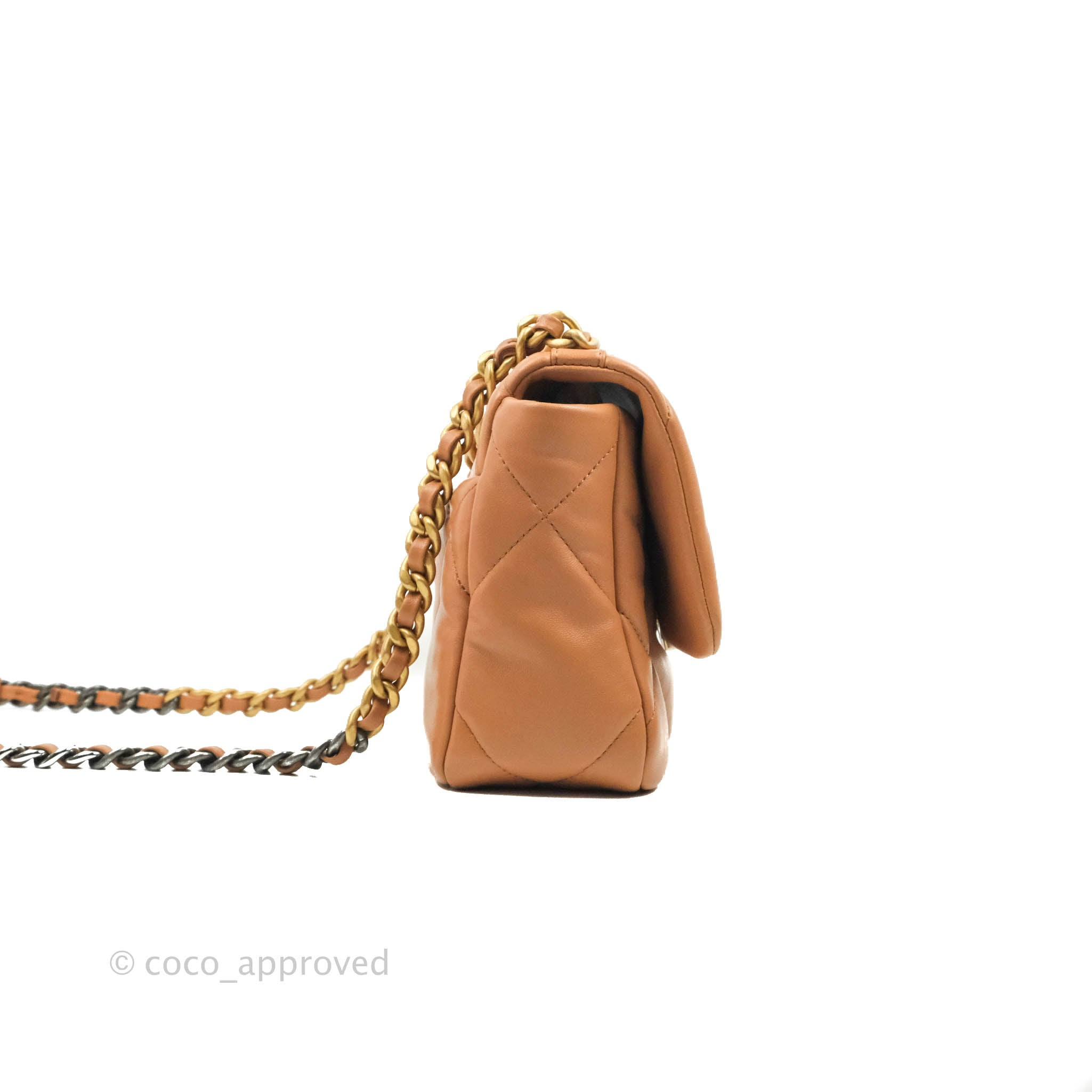 Chanel 19 Small Handbag in Caramel Dark Beige Lambskin Leather with Mixed Hardware 21K Collection - Perfect for Everyday Luxury & Special Occasions