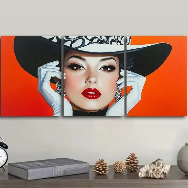 3pcs Fashionable Woman in Black Hat Metal Wall Art Prints - Ready to Hang Home Decor for Living Room, Bedroom & Office
