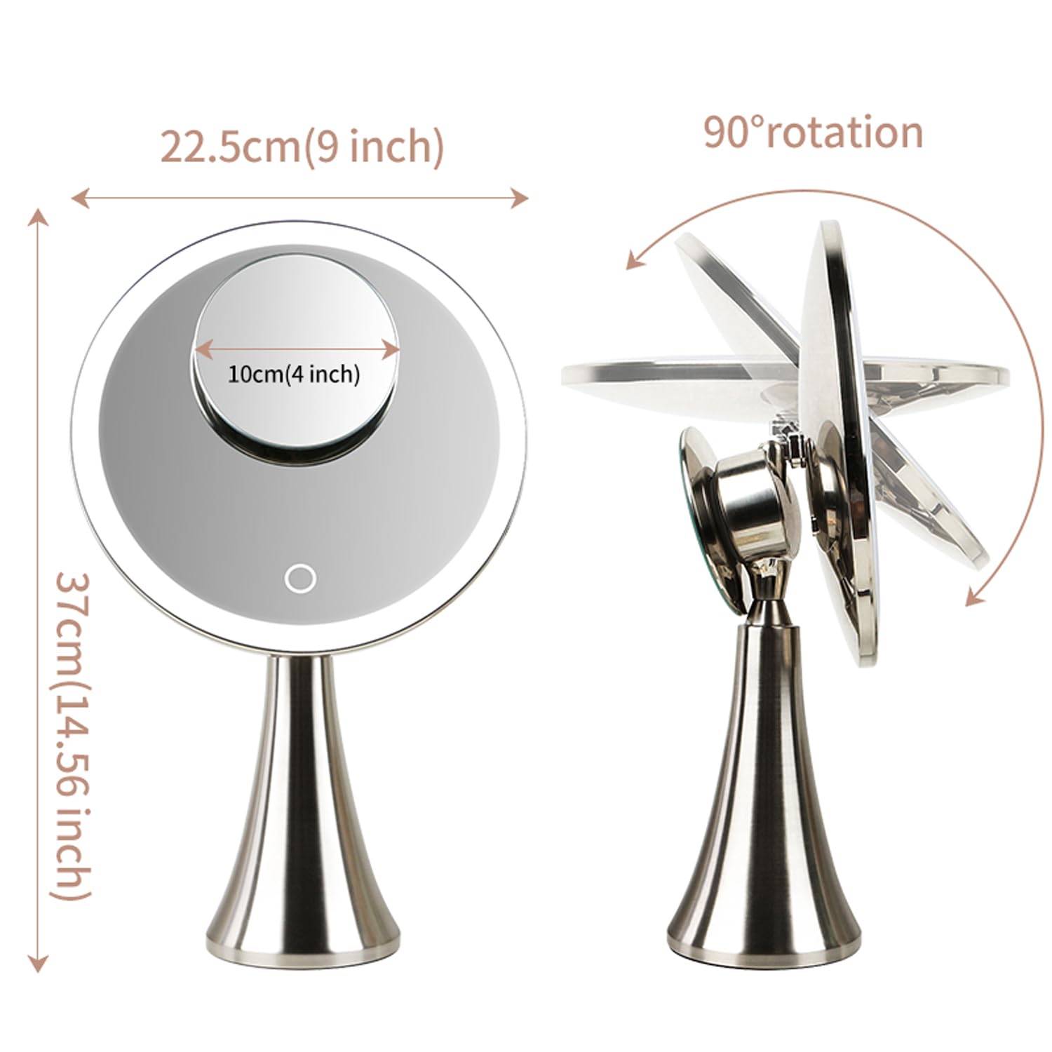 9 Inch Lighted Round Makeup Mirror with 5X/10X Magnification - Ultra Bright LED Vanity Mirror, Rechargeable & Cordless, Touch Control Adjustable Brightness, Brushed Stainless Steel - Perfect for Home Makeup, Salon, and Dressing Room