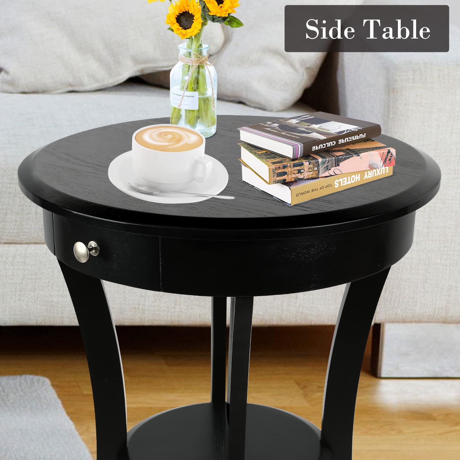 ECOMEX Round End Table with Drawer and Shelf - Solid Wood Side Table in Retro Country Classic Style - Perfect as Living Room Accent Table, Record Player Stand & Bedside Nightstand (Black)
