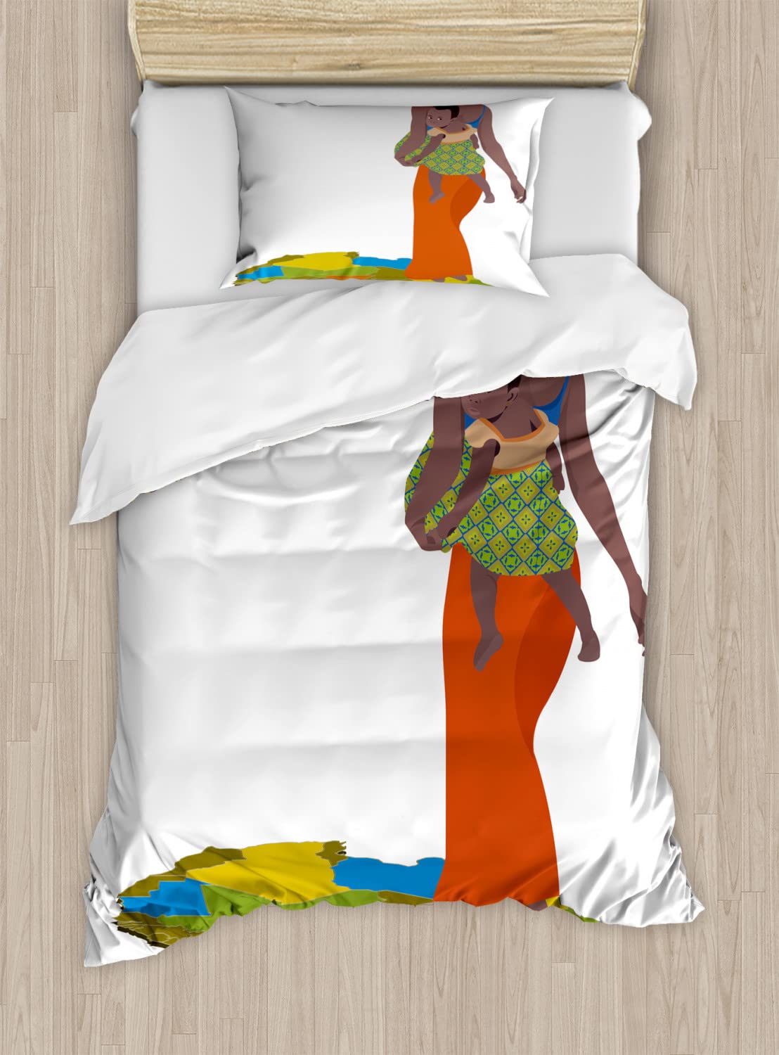 Ambesonne African Duvet Cover Set - Mother Carrying Girl on Her Back, Cultural Continent Map Design, 2-Piece King Size Bedding Set with 4 Pillowcases, Multicolor - Perfect for Ethnic Home Decor & Cultural Themed Bedrooms
