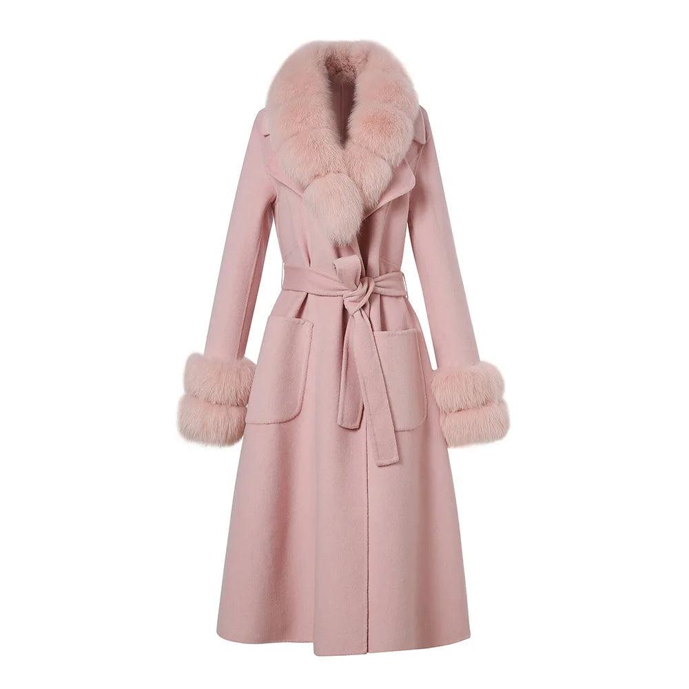 Luxury Women's Long Wool Coat with Detachable Fox Fur Collar - Winter Warm Elegant Trench Coat for Office, Party & Formal Occasions