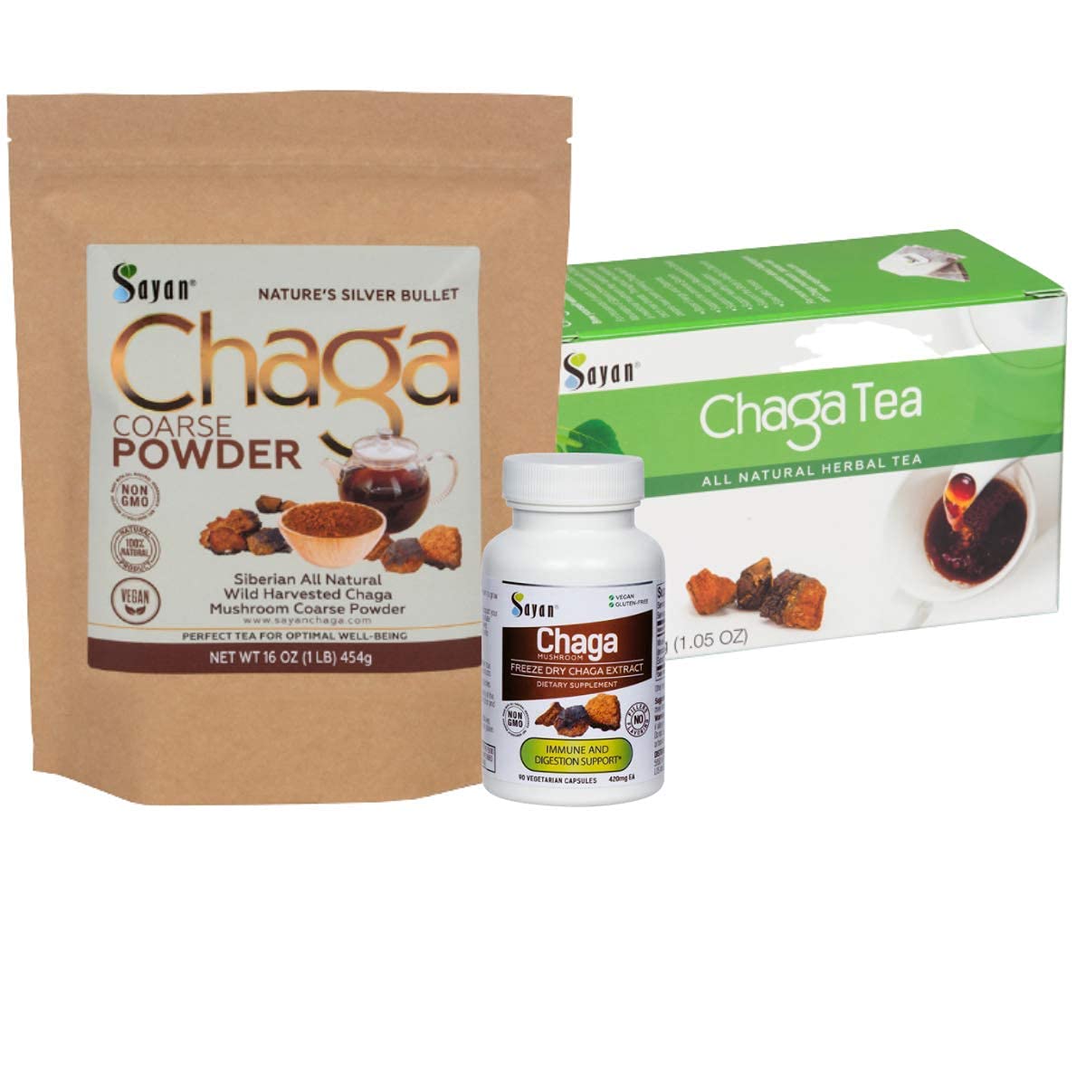 Organic Chaga Mushroom Supplements - 1lb Raw Chaga Powder, 90 Capsules & 20 Tea Bags | Immune Support, Antioxidant Boost | Perfect for Morning Tea, Wellness Routines & Natural Energy