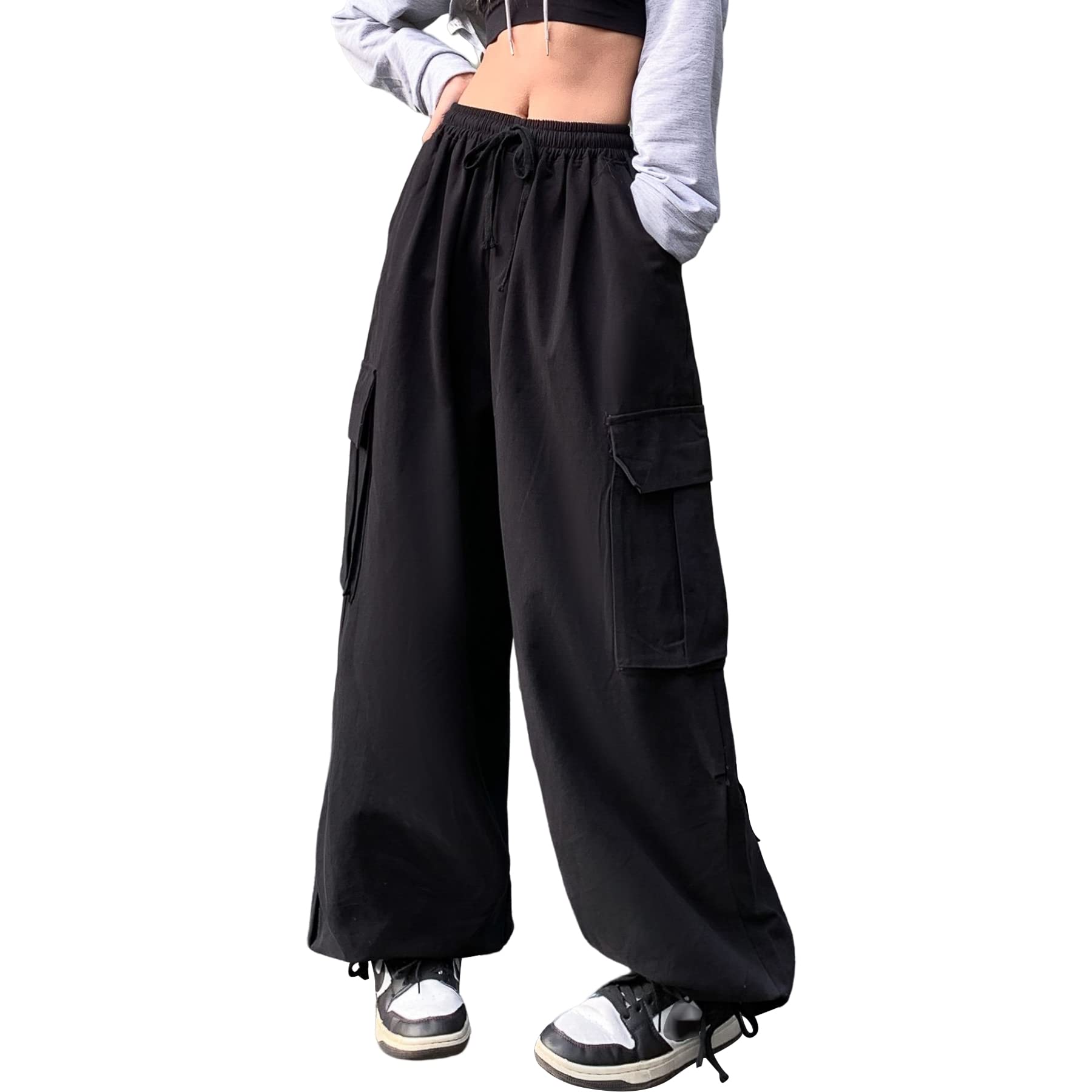 Linsennia Y2K Parachute Pants for Women - Wide Leg Cargo Trousers with Elastic Waist | Baggy Streetwear Pants | Perfect for Casual Outfits, Hip Hop Fashion & 90s Retro Style